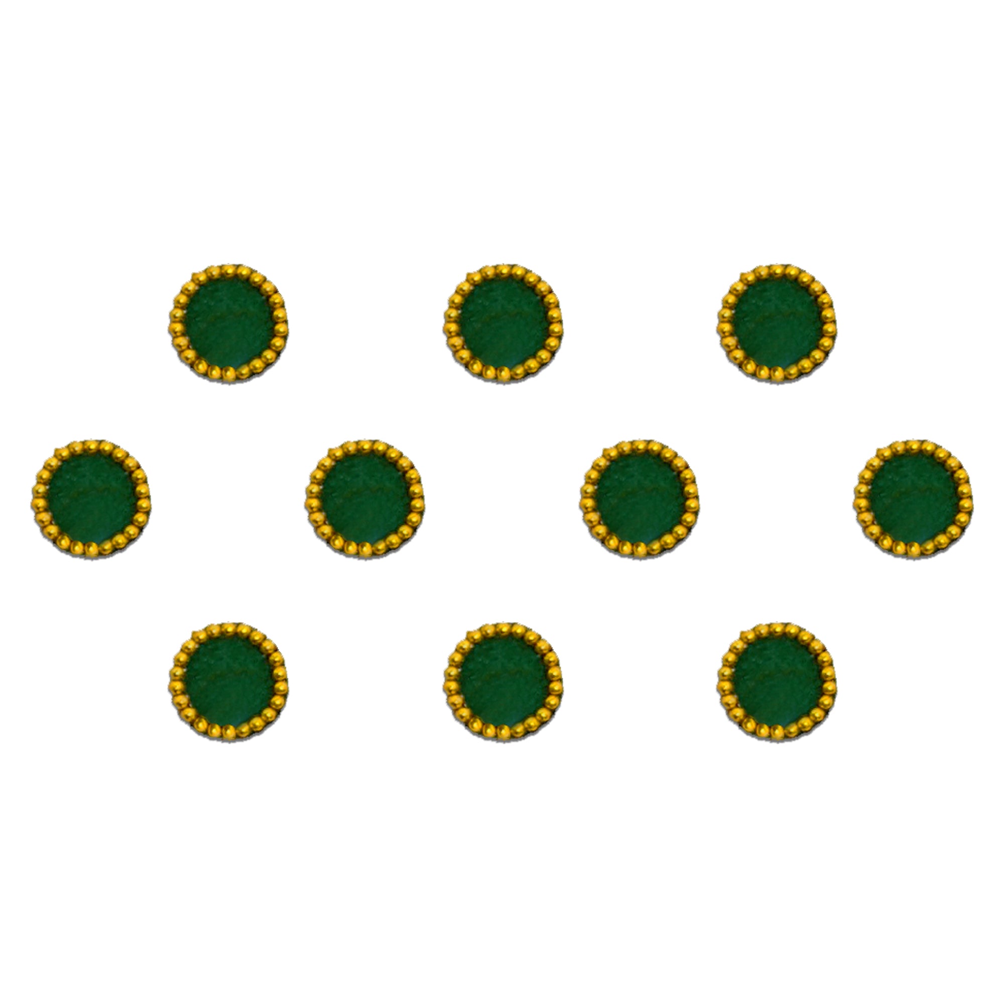 Comet Busters green round velvet bindis featuring golden beaded borders and sparkling crystal stones, suitable for traditional Indian ethnic wear and festive occasions.