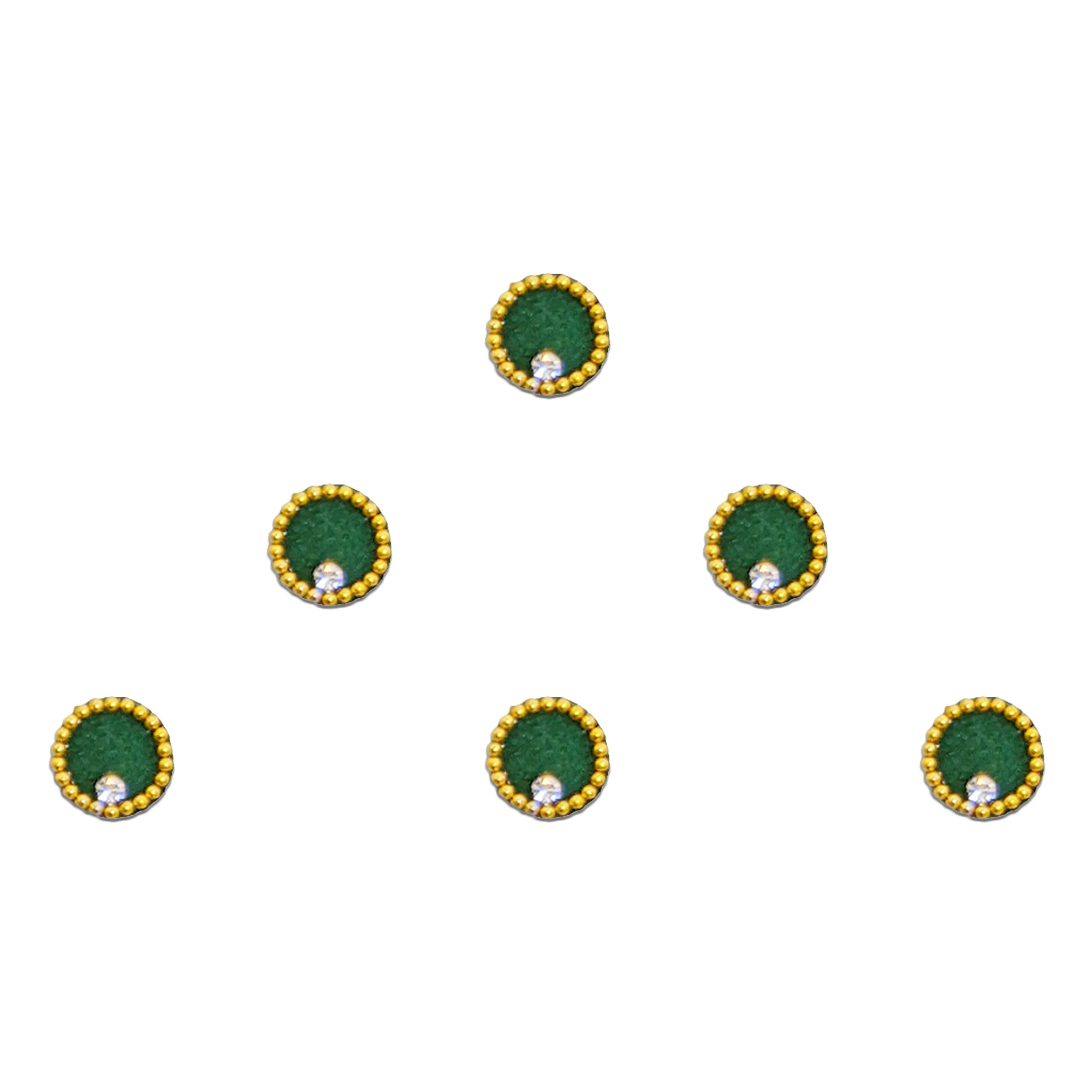 Comet Busters green round velvet bindis featuring golden beaded borders and sparkling crystal stones, suitable for traditional Indian ethnic wear and festive occasions.