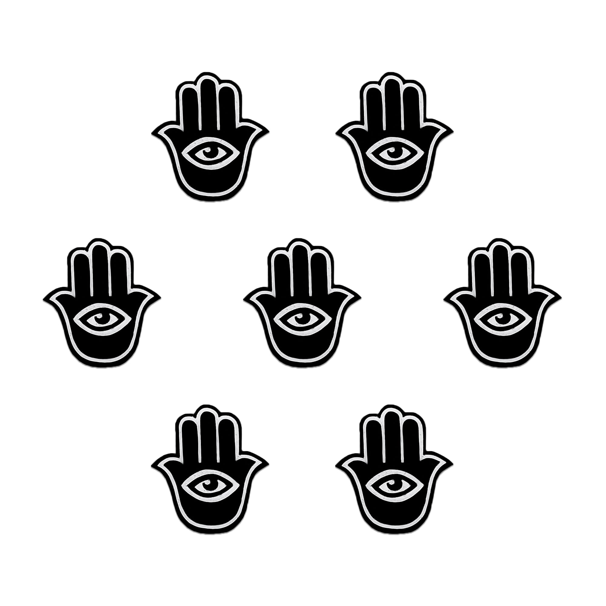 Comet Busters Hamsa evil eye bindis featuring bold black hand-shaped motifs with protective eye symbols, inspired by spiritual and mystical designs, perfect for fusion fashion, festive styling, boho looks, and statement ethnic wear.