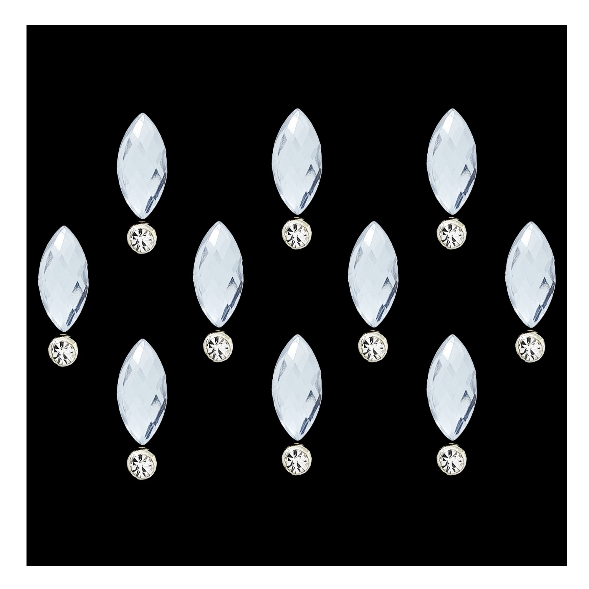 Comet Busters ice blue navette-shaped crystal bindi featuring a faceted light blue gemstone with a sparkling round rhinestone accent. Premium self-adhesive designer bindi for women and girls, perfect for weddings, festive celebrations, Navratri, Diwali, classical dance performances, parties, and elegant traditional ethnic wear.