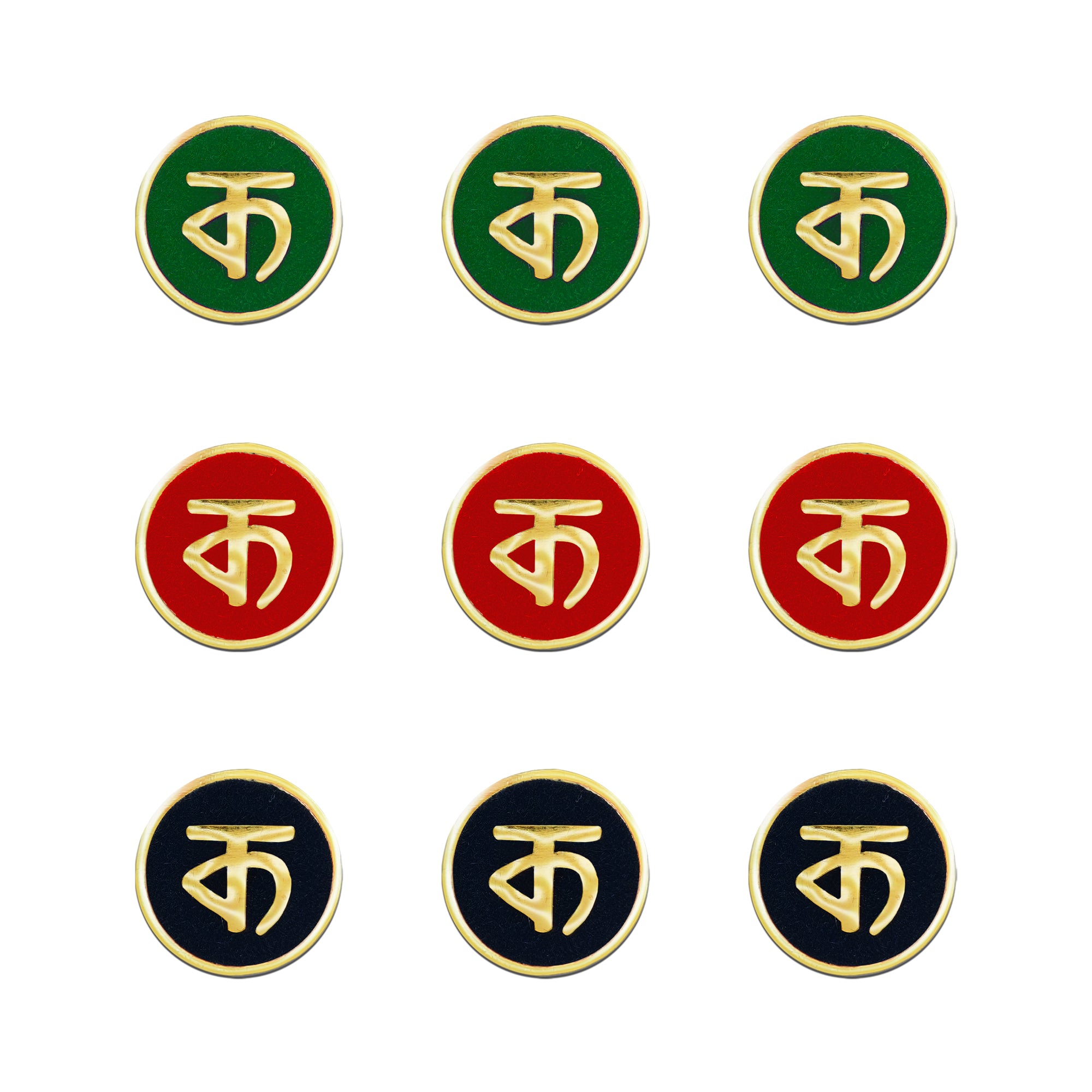 Indira by Comet Busters® premium designer bindi featuring a sacred gold Ka symbol on round velvet bindis in green, red, and black for women and girls.