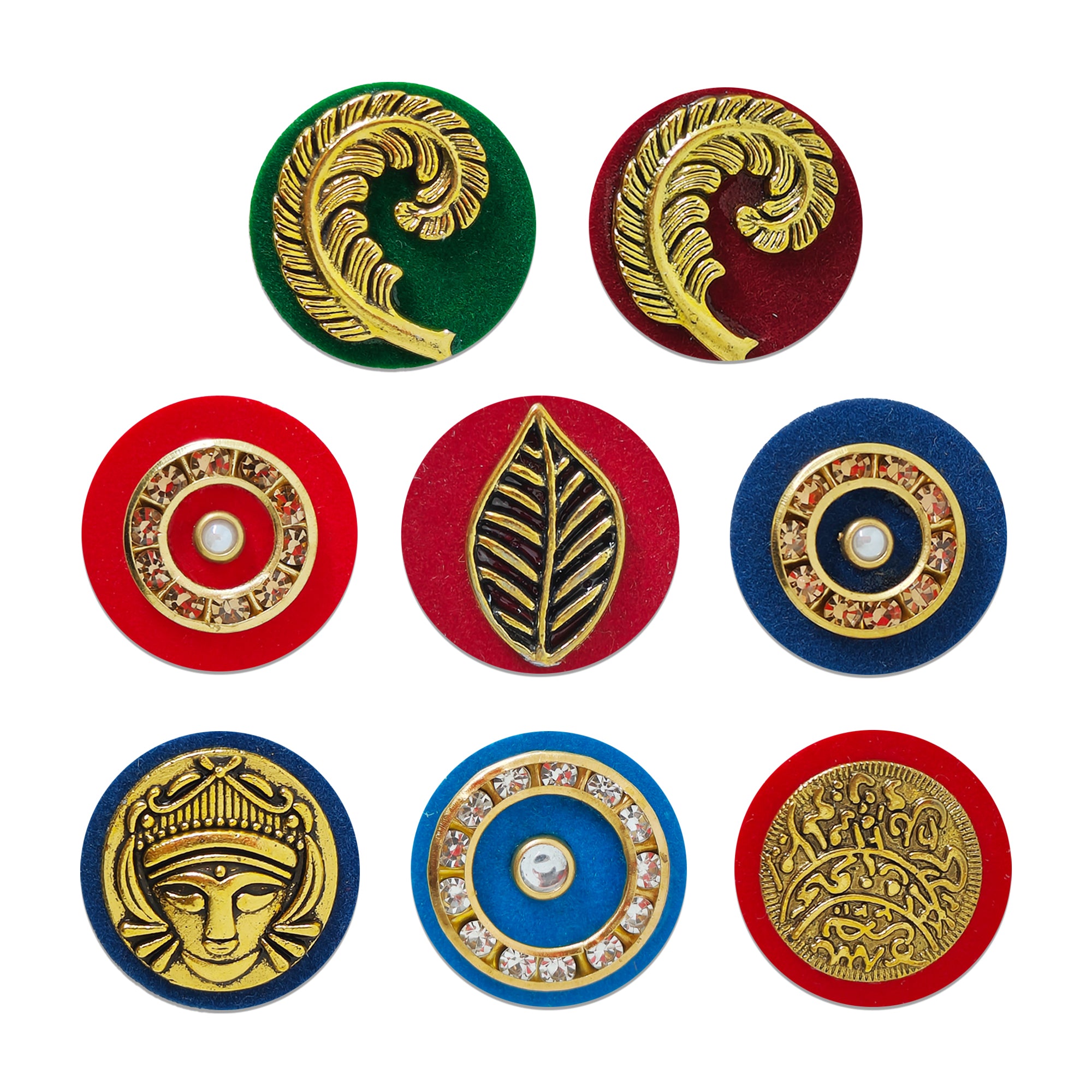 Indira by Comet Busters® handcrafted velvet designer bindis with antique gold heritage patterns, sparkling crystal circles, floral accents, and stylish metallic pendant elements.