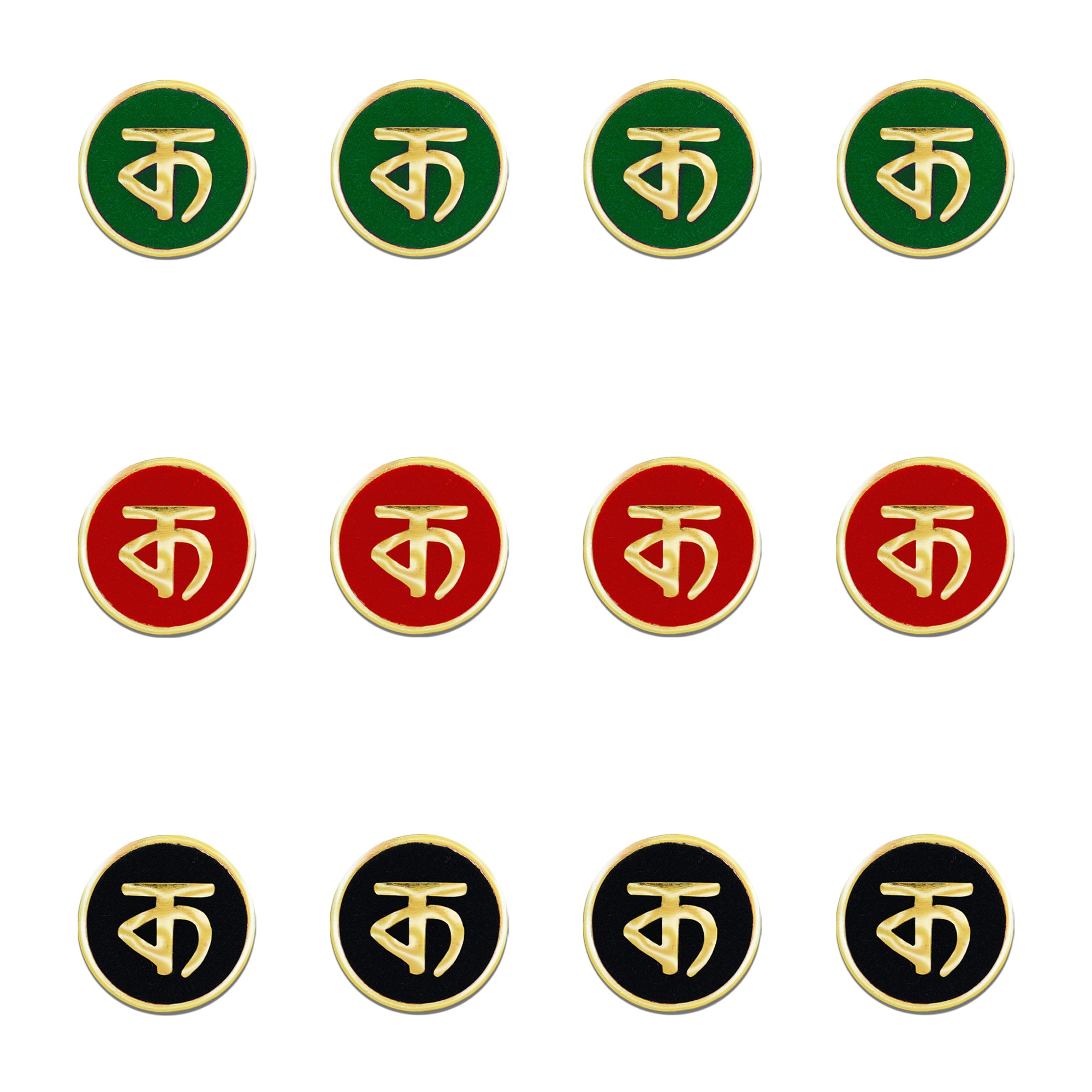 Indira by Comet Busters® premium designer bindi featuring a sacred gold Ka symbol on round velvet bindis in green, red, and black for women and girls.