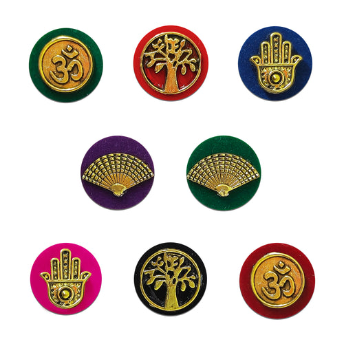 Indira by Comet Busters® premium designer bindi collection featuring Om, Tree of Life, Hamsa Hand, and royal fan motifs with metallic gold finish on colorful velvet bases for women and girls.