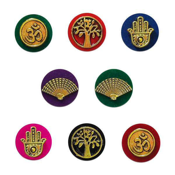 Indira by Comet Busters® premium designer bindi collection featuring Om, Tree of Life, Hamsa Hand, and royal fan motifs with metallic gold finish on colorful velvet bases for women and girls.