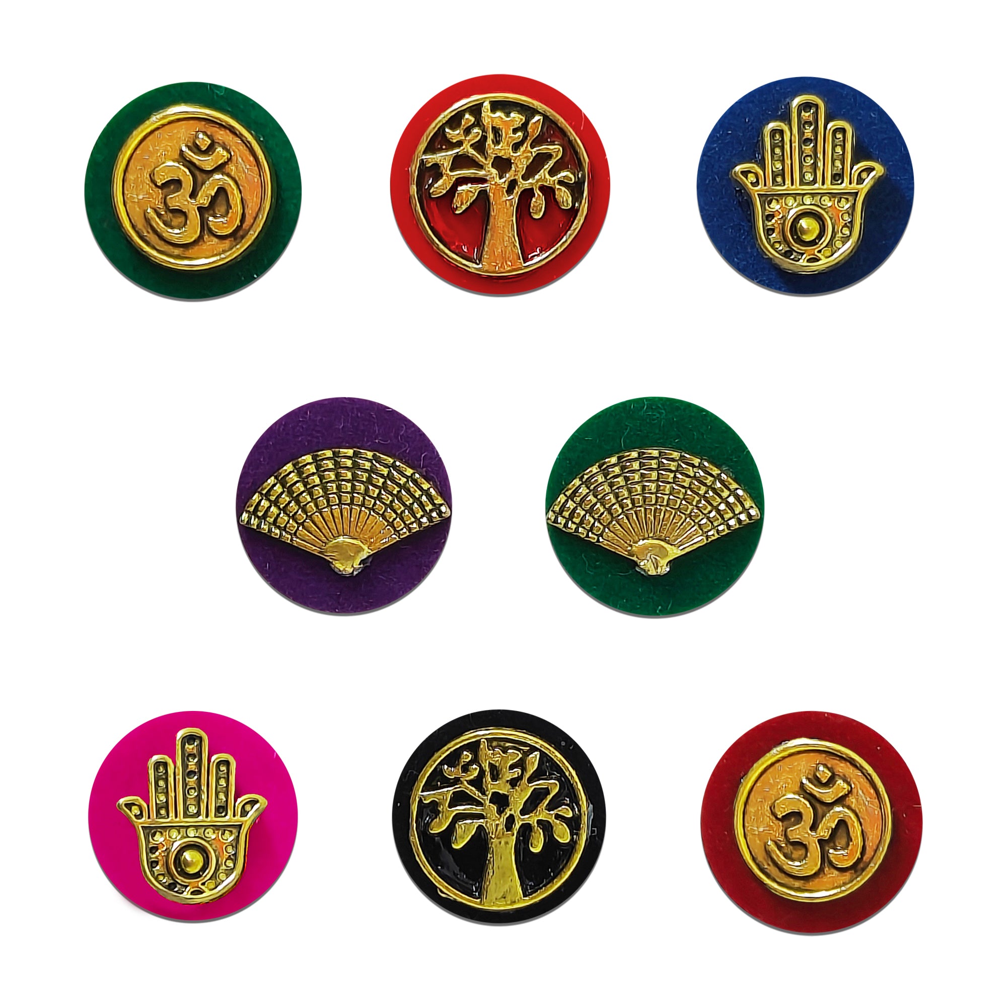 Indira by Comet Busters® premium designer bindi collection featuring Om, Tree of Life, Hamsa Hand, and royal fan motifs with metallic gold finish on colorful velvet bases for women and girls.