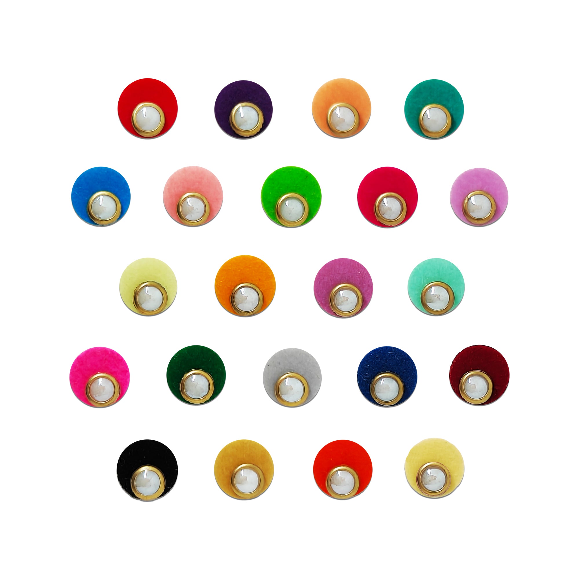 Indira by Comet Busters® premium multicolor round designer bindi featuring a pearl center with a gold rim on vibrant velvet backgrounds, self-adhesive bindis for women and girls.