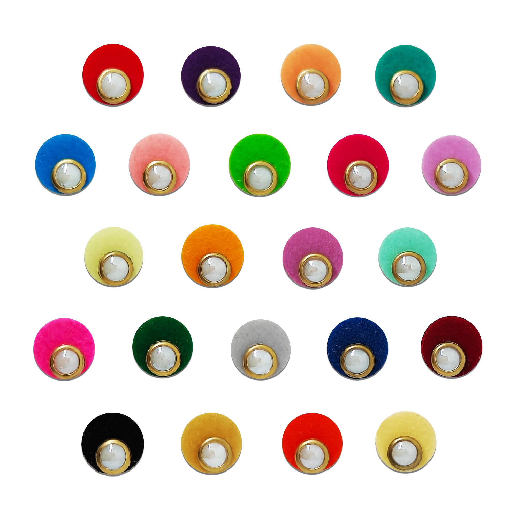 Indira by Comet Busters® premium multicolor round designer bindi featuring a pearl center with a gold rim on vibrant velvet backgrounds, self-adhesive bindis for women and girls.