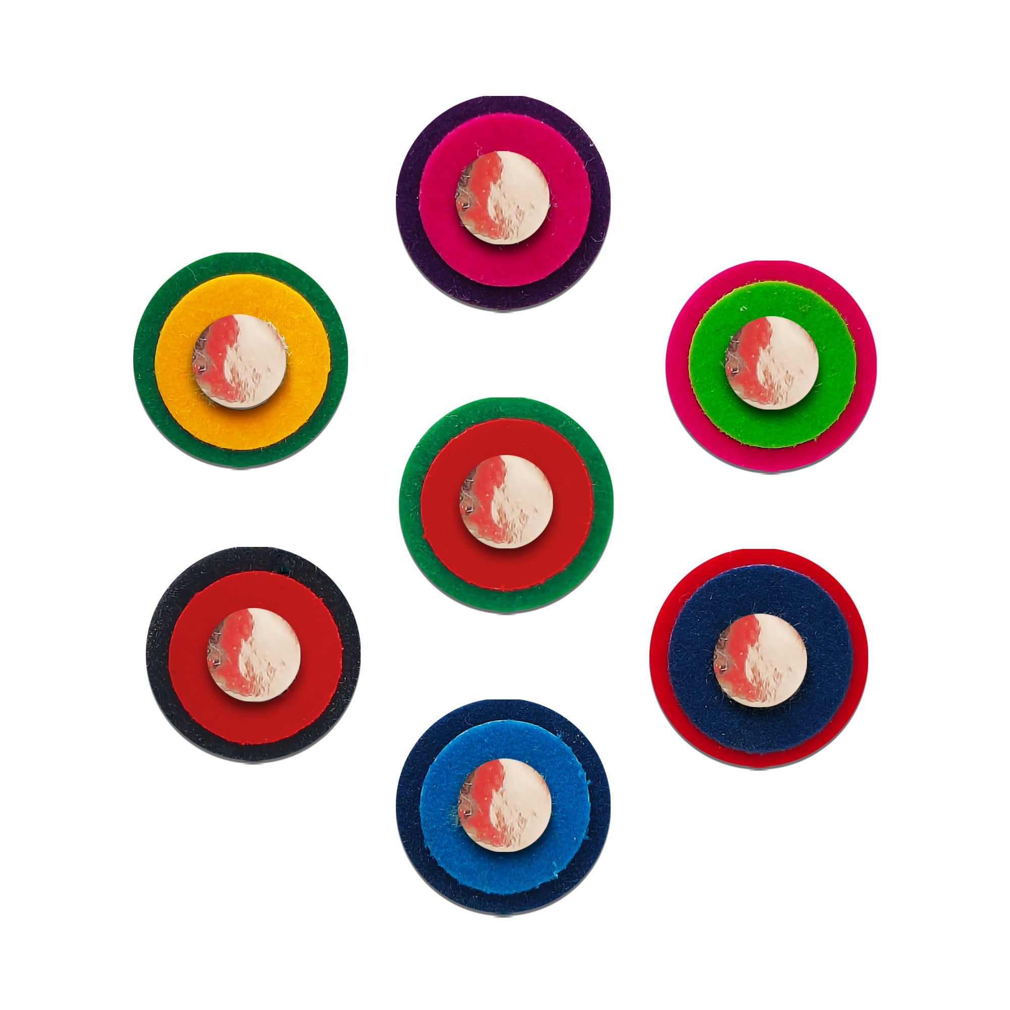 Indira by Comet Busters® premium multicolor round mirror designer bindi featuring colorful circular borders with reflective mirror center, self-adhesive bindis for women and girls.