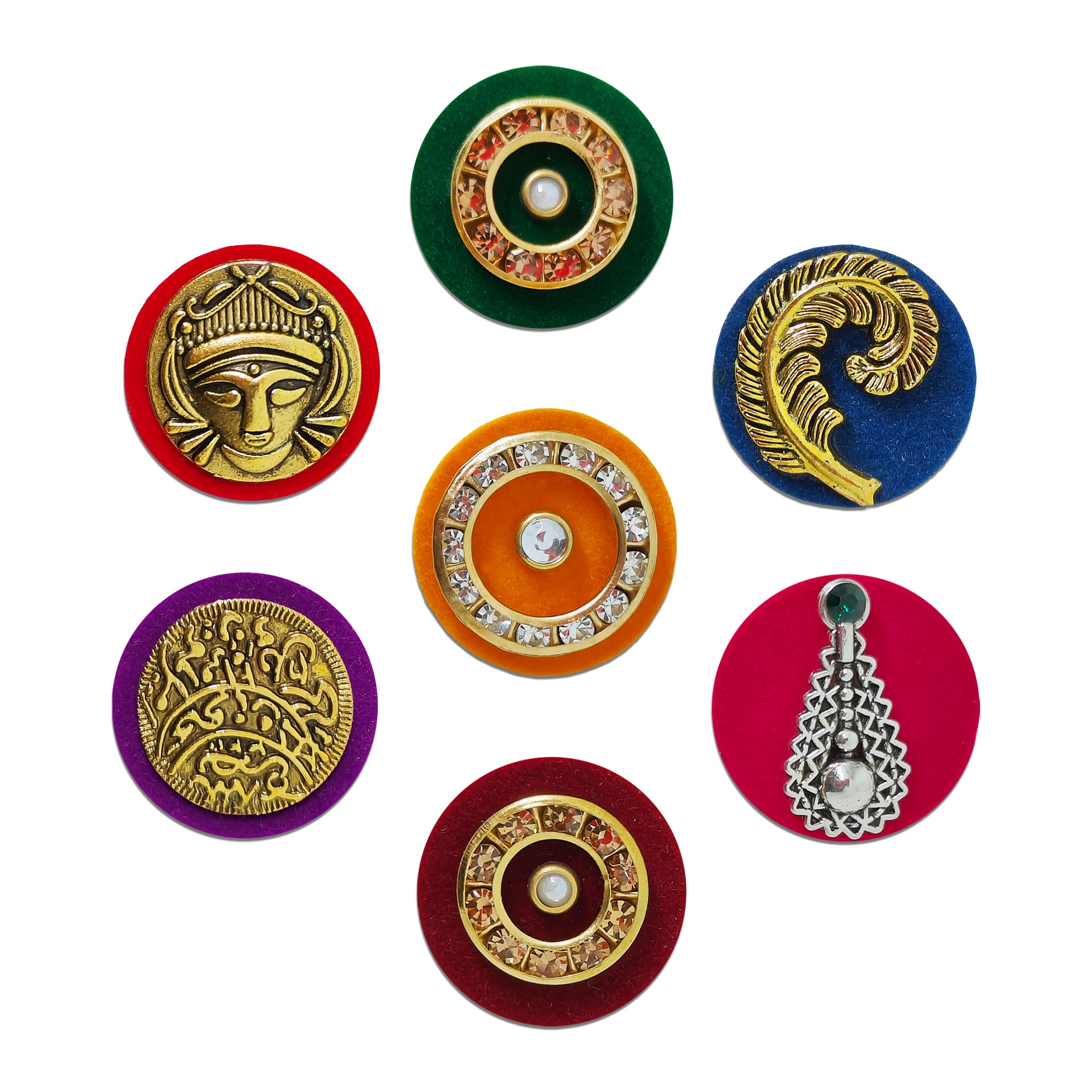 Indira by Comet Busters® statement designer bindis inspired by Indian heritage and nature with antique gold embellishments on vibrant velvet backgrounds.
