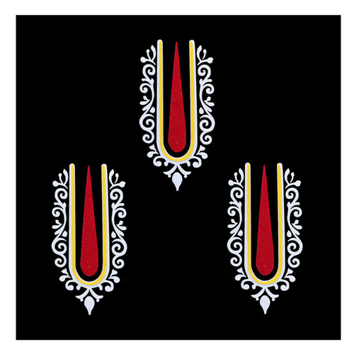 Comet Busters Krishna Ji inspired red and white Vaishnav tilak bindi with yellow detailing and decorative side patterns, traditional Indian forehead accessory for women and girls