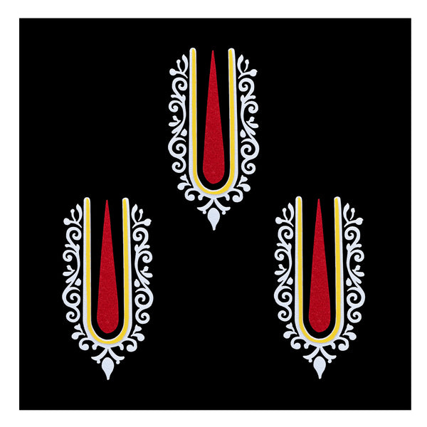 Comet Busters Krishna Ji inspired red and white Vaishnav tilak bindi with yellow detailing and decorative side patterns, traditional Indian forehead accessory for women and girls