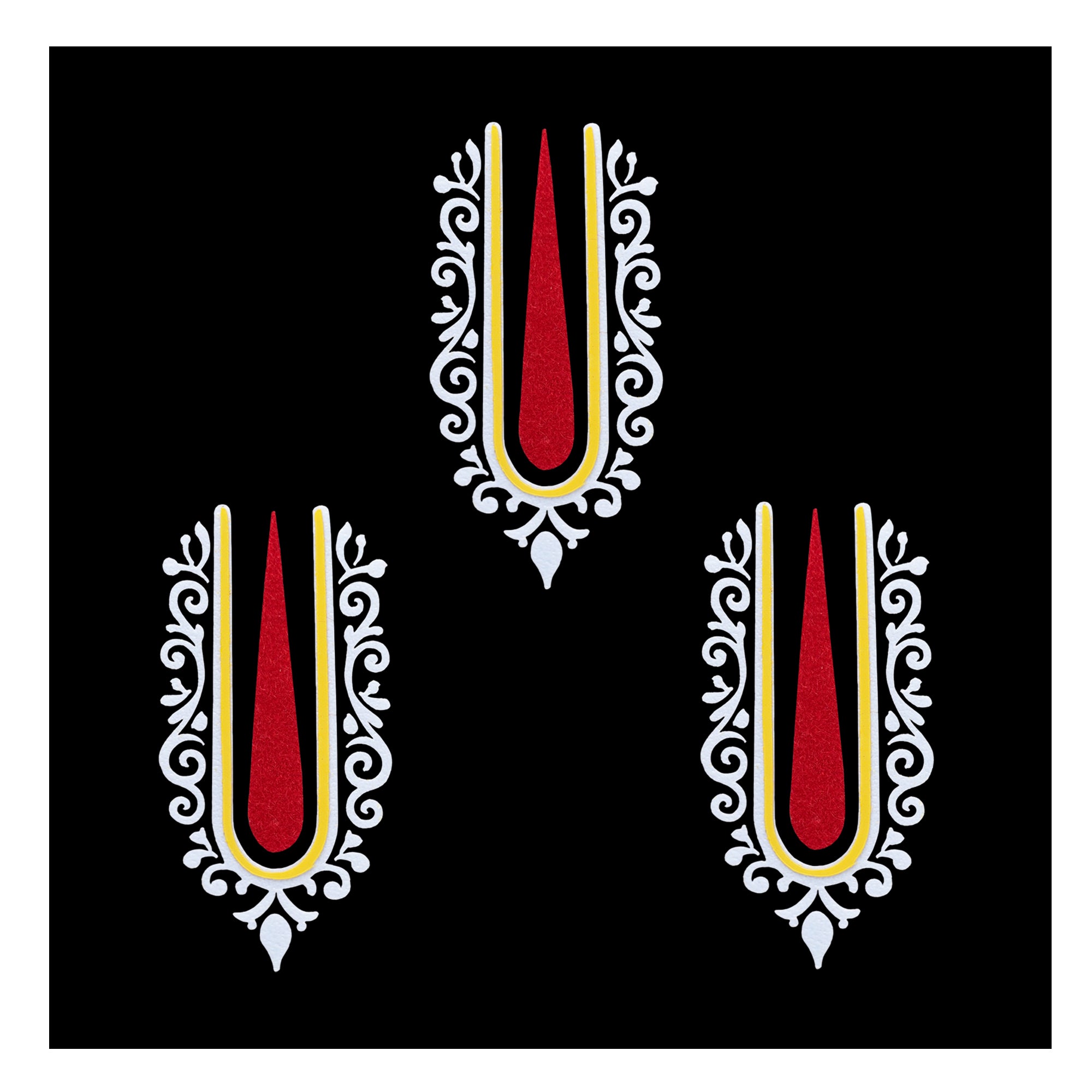 Comet Busters Krishna Ji inspired red and white Vaishnav tilak bindi with yellow detailing and decorative side patterns, traditional Indian forehead accessory for women and girls