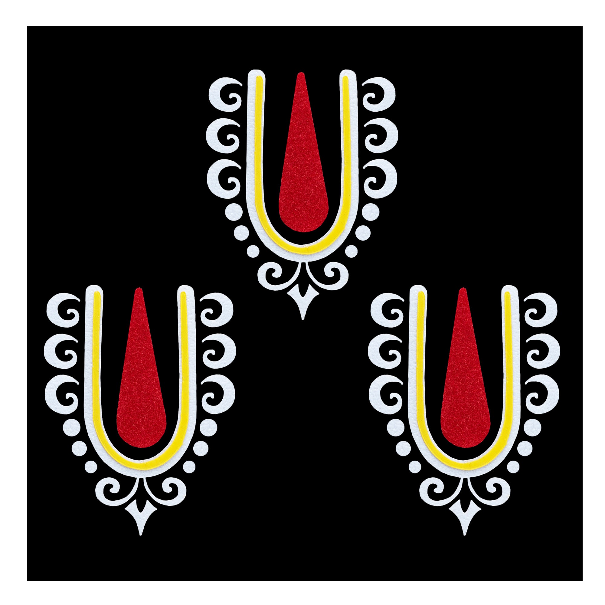 Comet Busters Krishna Ji inspired red and white Vaishnav tilak bindi with yellow detailing and decorative side patterns, traditional Indian forehead accessory for women and girls