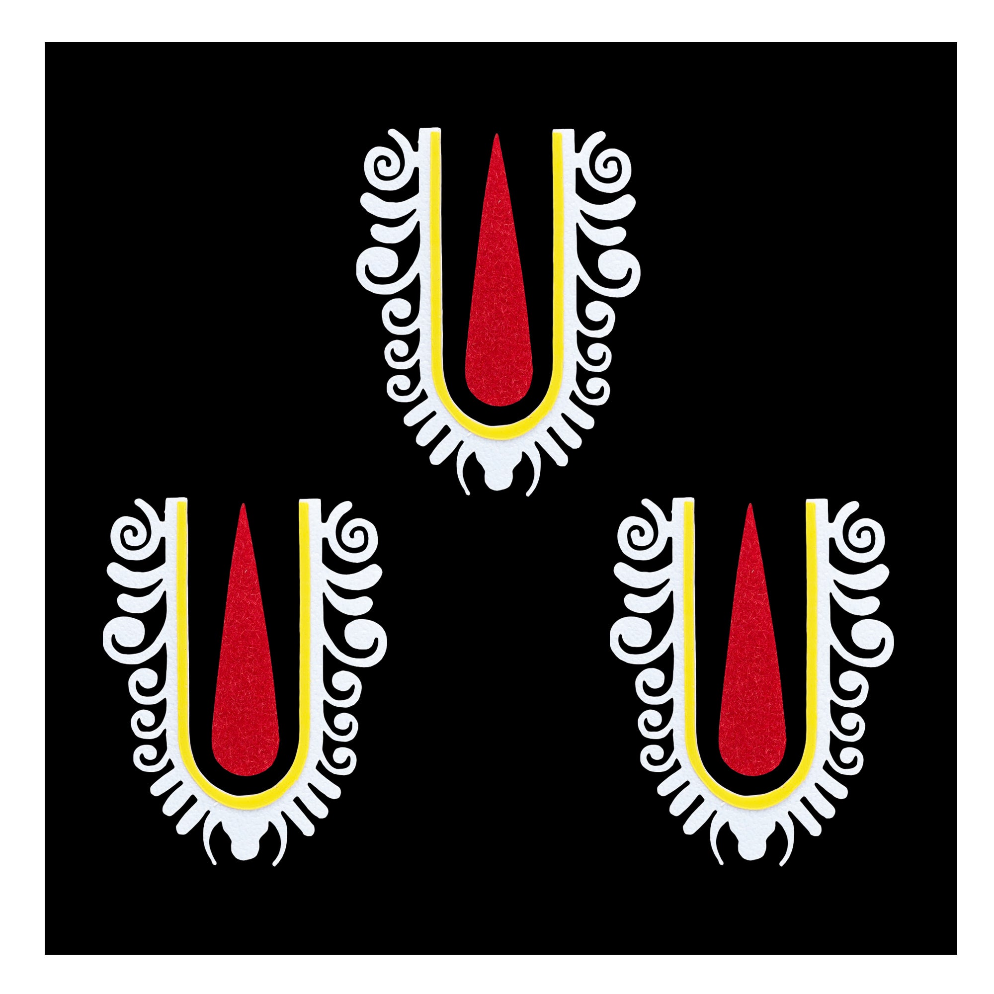 Comet Busters Krishna Ji inspired red and white Vaishnav tilak bindi with yellow detailing and decorative side patterns, traditional Indian forehead accessory for women and girls