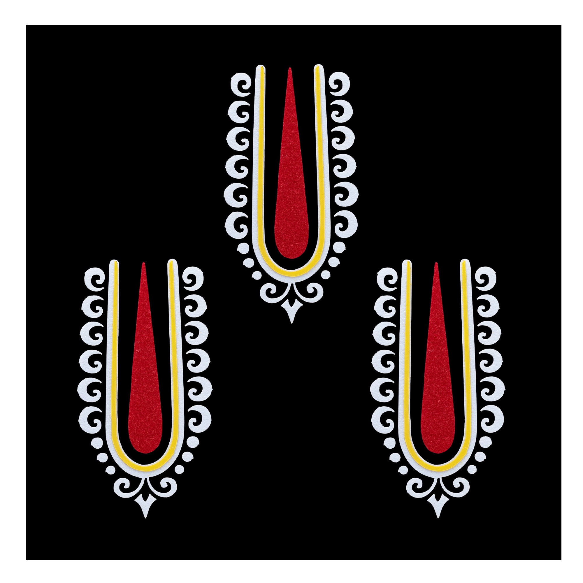 Comet Busters Krishna Ji inspired red and white Vaishnav tilak bindi with yellow detailing and decorative side patterns, traditional Indian forehead accessory for women and girls