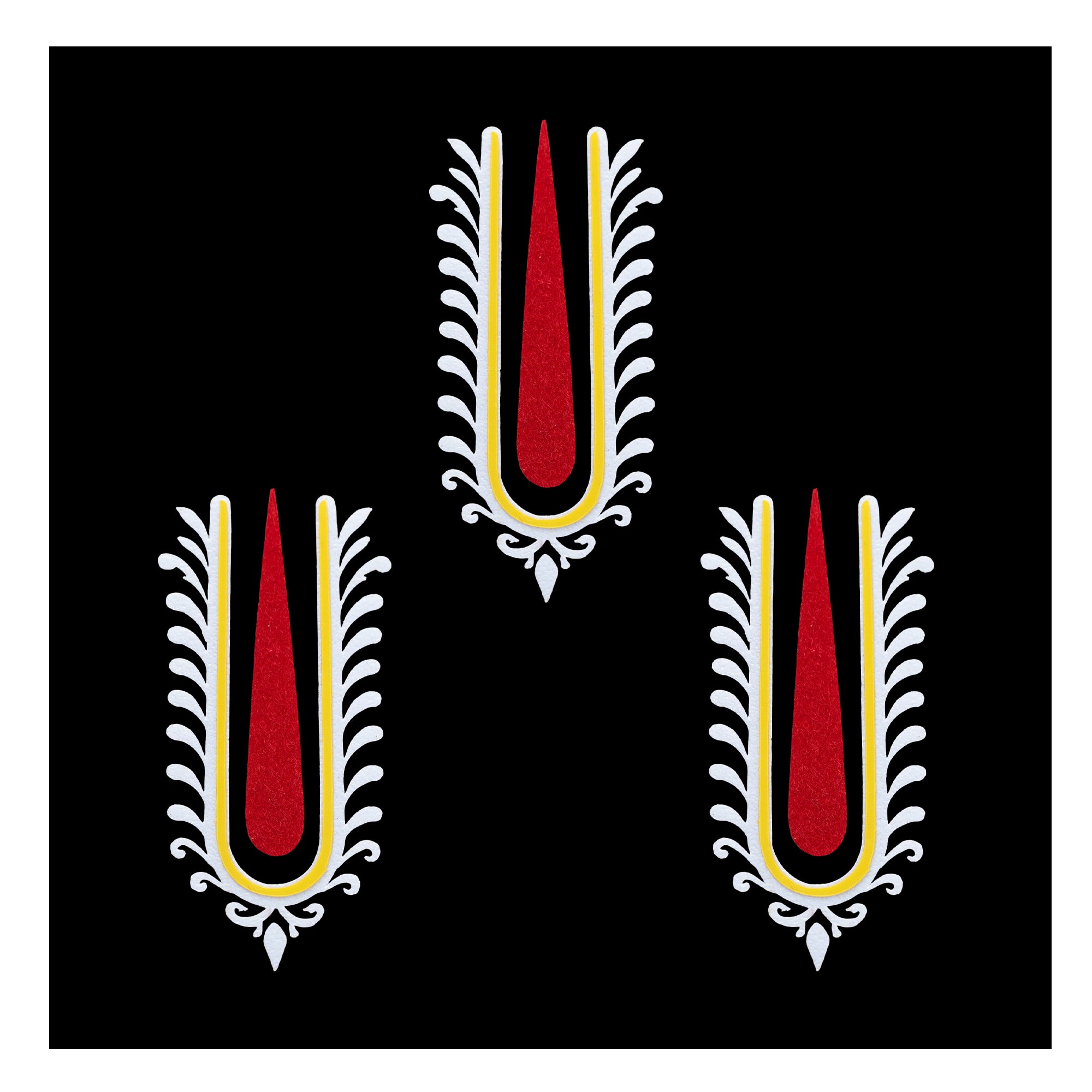 Comet Busters Krishna Ji inspired red and white Vaishnav tilak bindi with yellow detailing and decorative side patterns, traditional Indian forehead accessory for women and girls