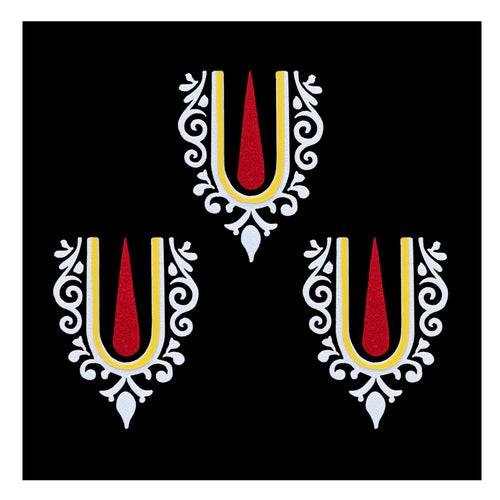 Comet Busters Krishna Ji U-shaped tilak bindi with red center and yellow-white borders, traditional devotional forehead sticker for Krishna look and festive occasions.