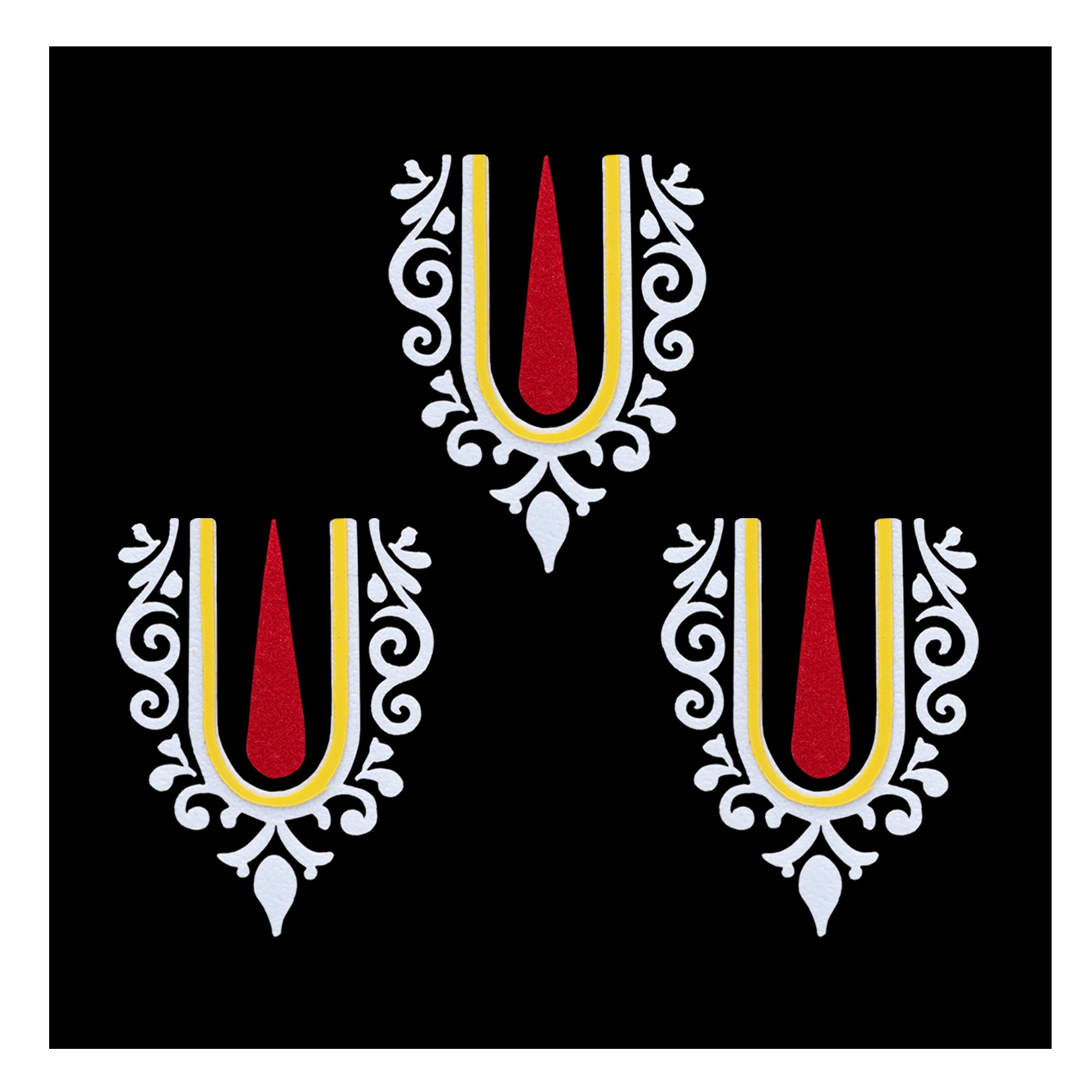 Comet Busters Krishna Ji U-shaped tilak bindi with red center and yellow-white borders, traditional devotional forehead sticker for Krishna look and festive occasions.