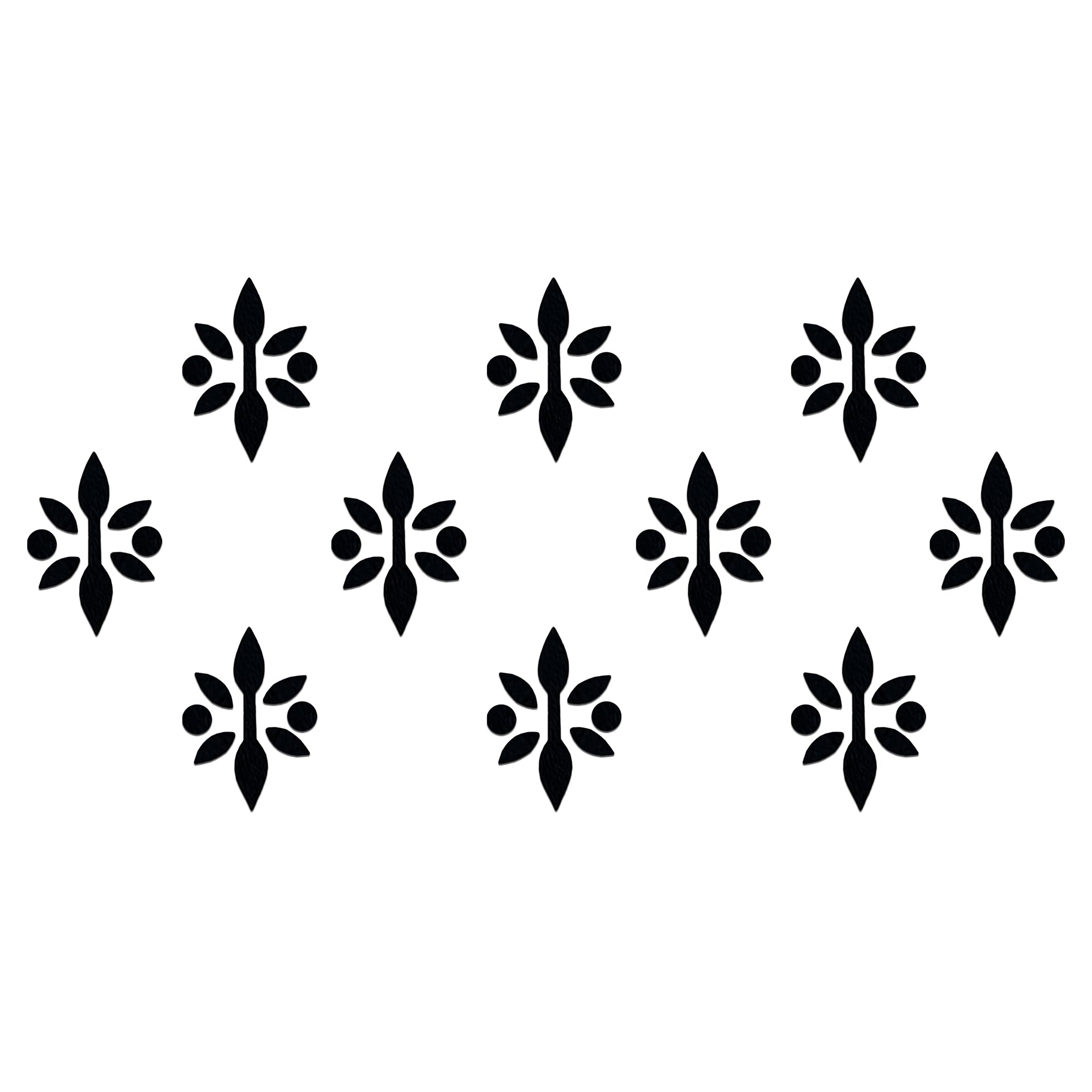 Comet Busters Leaf Bloom Black Designer Bindi featuring a symmetrical floral leaf motif with a central vertical leaf and side petals accented by round dots. Self-adhesive black bindi for women and girls, perfect for daily wear, festive occasions, pooja, temple visits, traditional Indian outfits, and ethnic styling.