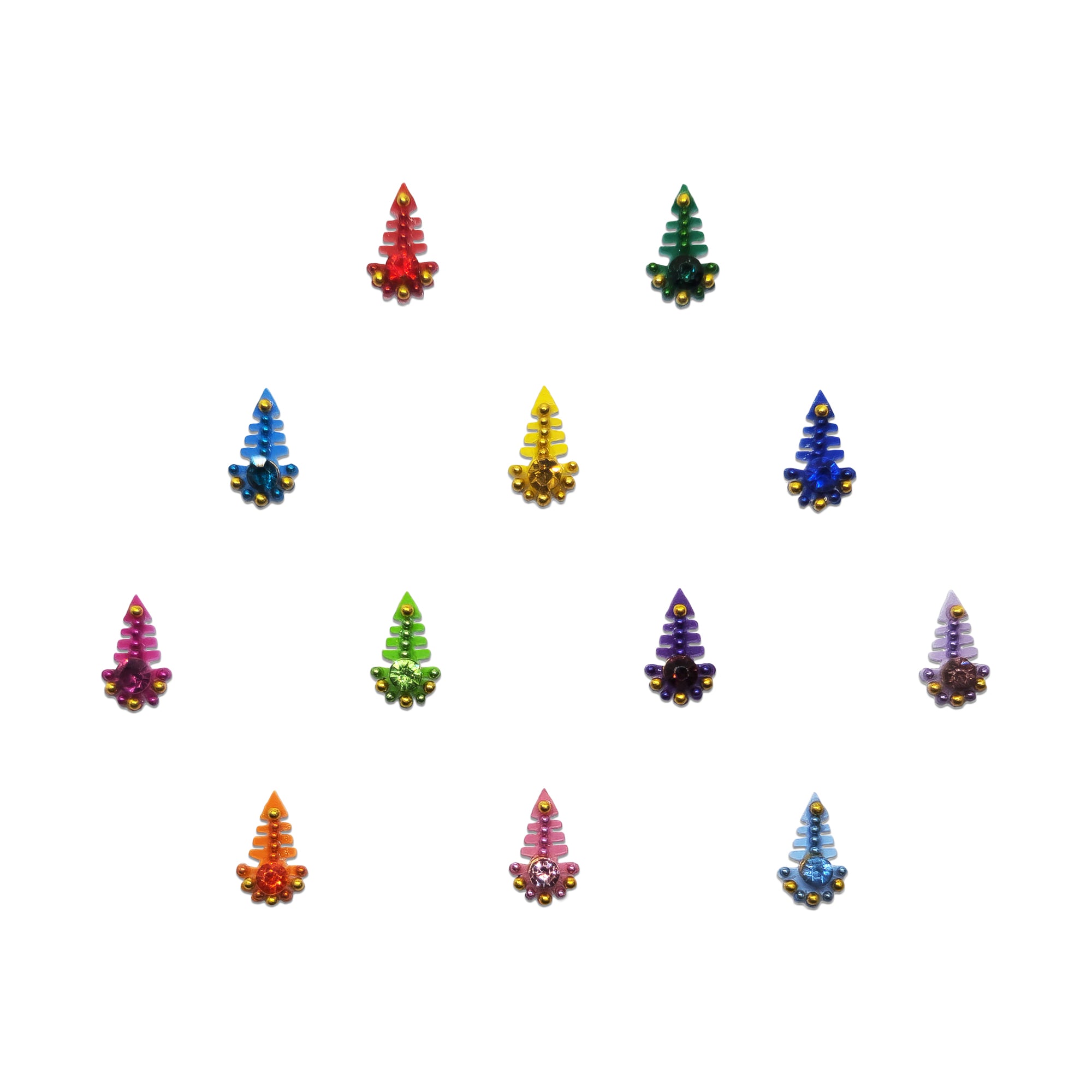 Comet Busters Multicolor designer bindis featuring leaf-shaped patterns with sparkling crystal stones and gold bead accents in shades of red, green, blue, pink, purple, orange, and yellow for ethnic and festive wear.