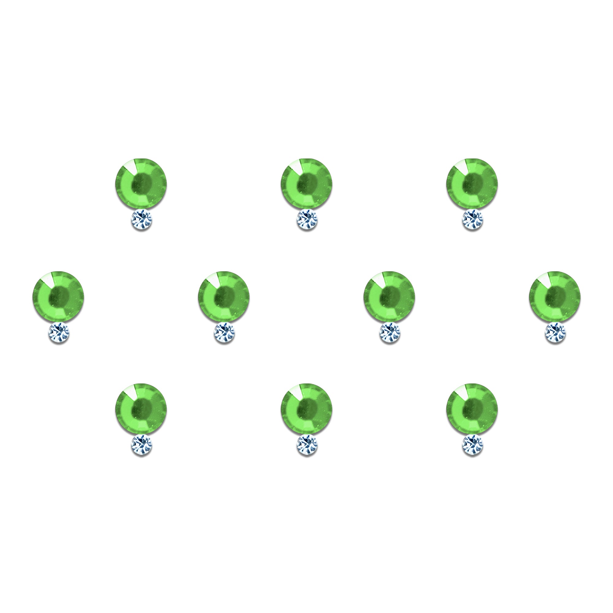 Comet Busters lime green round stone bindi with sparkling crystal drop, self-adhesive designer forehead bindi for women and girls, vibrant lime green fashion bindi perfect for weddings, festivals, Haldi ceremonies, Mehendi, Navratri, traditional wear, ethnic outfits, parties, cultural events, and special occasions.