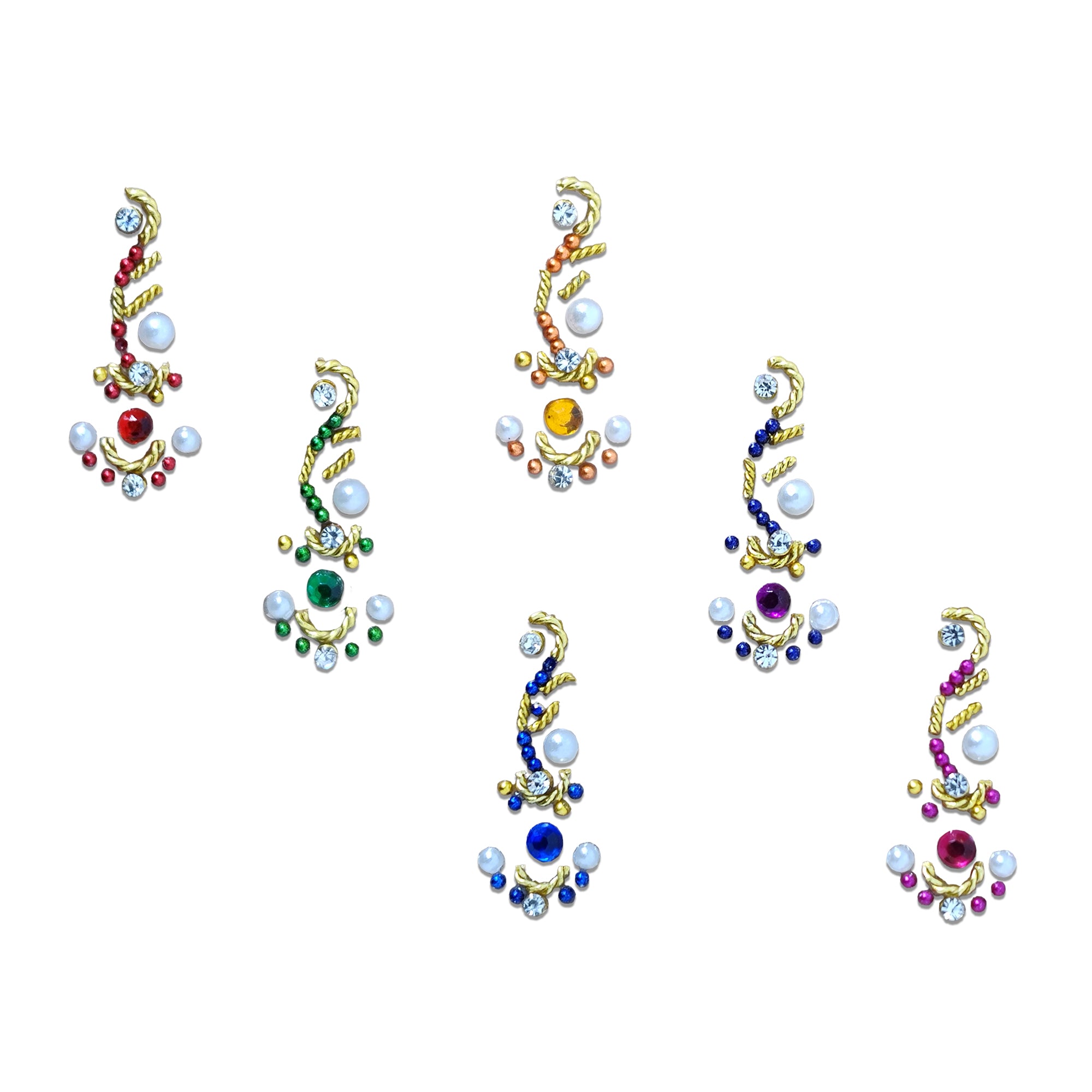 Comet Busters multicolor paisley self-adhesive bindi with pearls, crystal stones, and gold detailing, perfect for bridal, festive, and traditional ethnic wear.