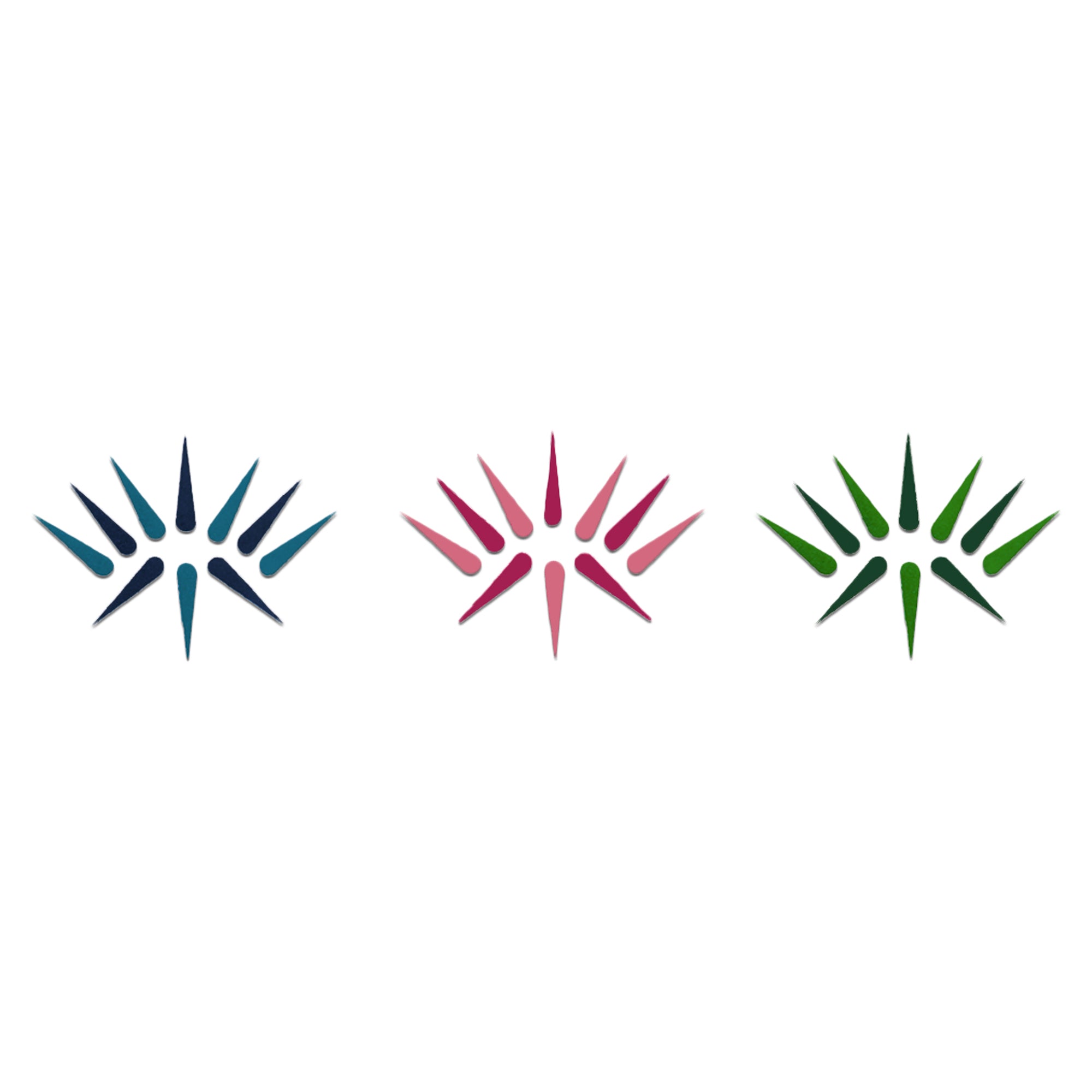 Comet Busters multicolor long tilak velvet bindis featuring elongated pointed petal patterns in blue, pink, and green shades for traditional, festive, and ethnic wear.