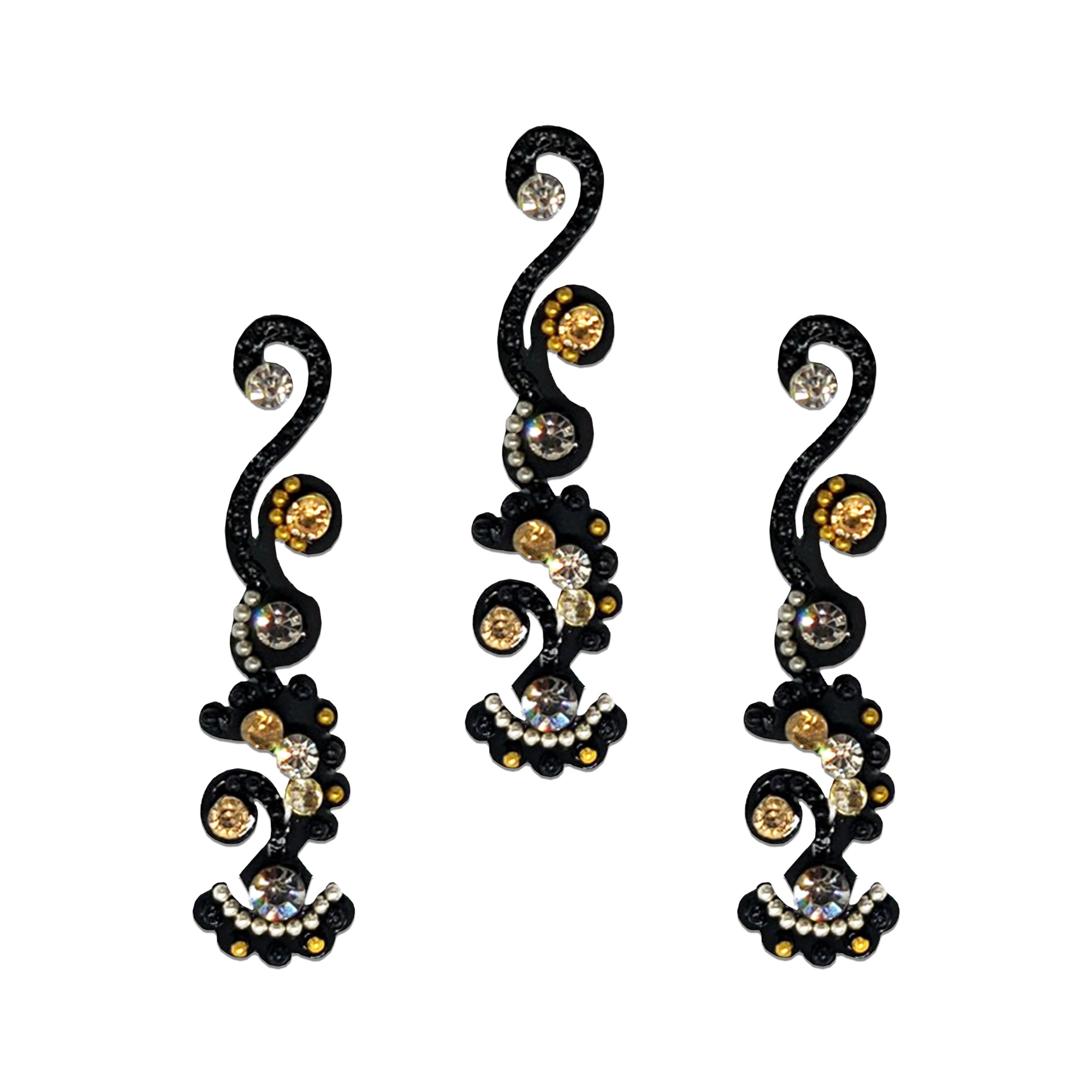 Comet Busters premium black paisley designer bindi with crystal stones, pearl accents, and glitter swirl pattern for ethnic and partywear styling.
