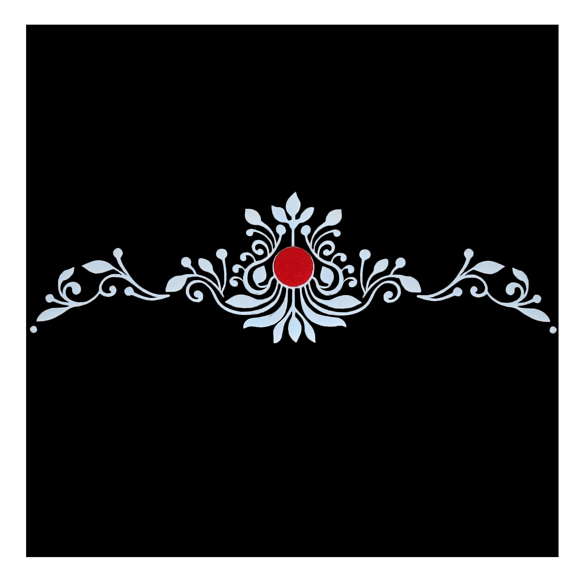 Comet Busters lotus bindi featuring elegant white floral and leafy swirl patterns with a red center dot