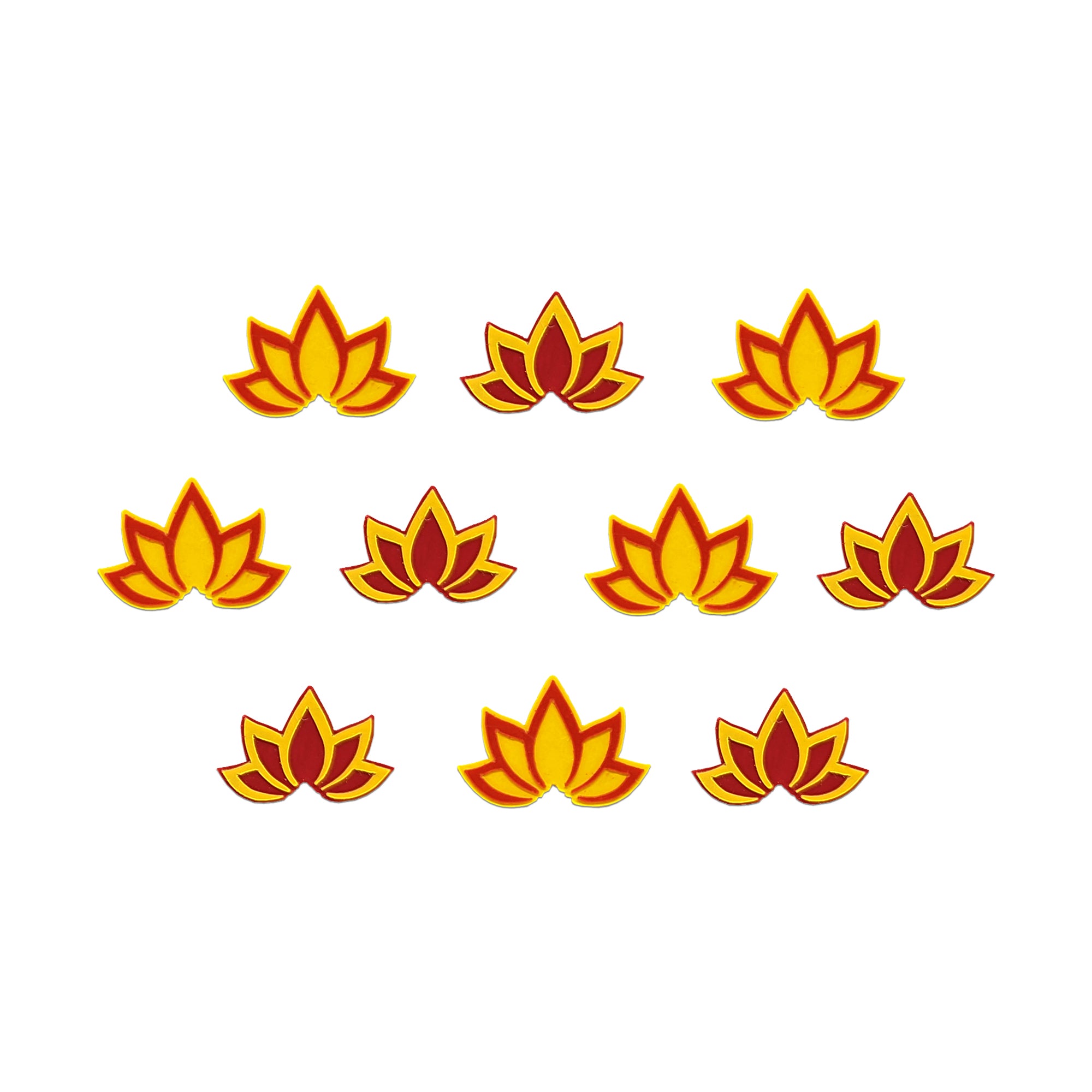 Comet Busters lotus flower designer bindis in yellow and maroon colors with traditional floral motifs