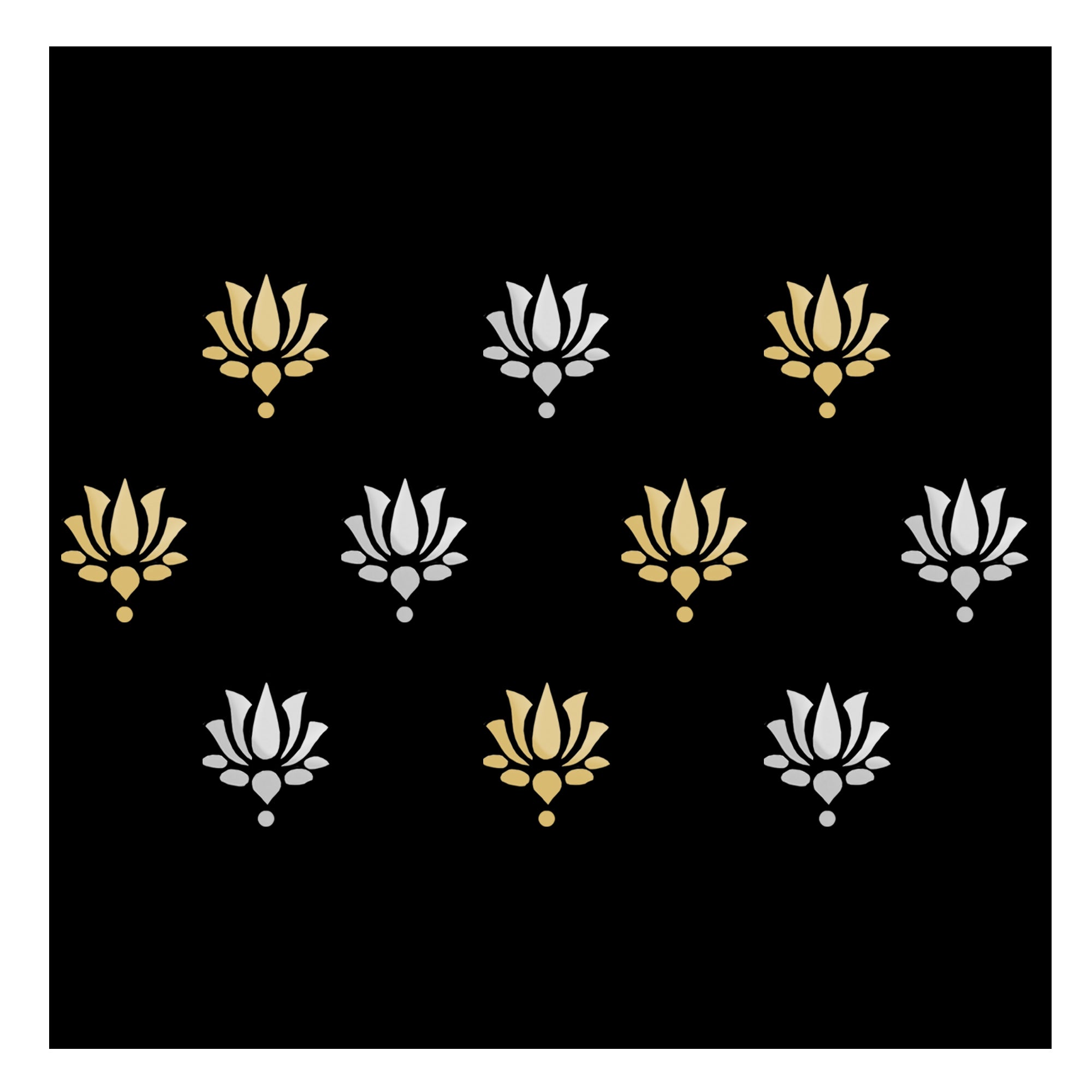 Comet Busters lotus bindi featuring elegant gold and silver lotus designs with matching decorative dots, traditional floral bindi for women and girls.