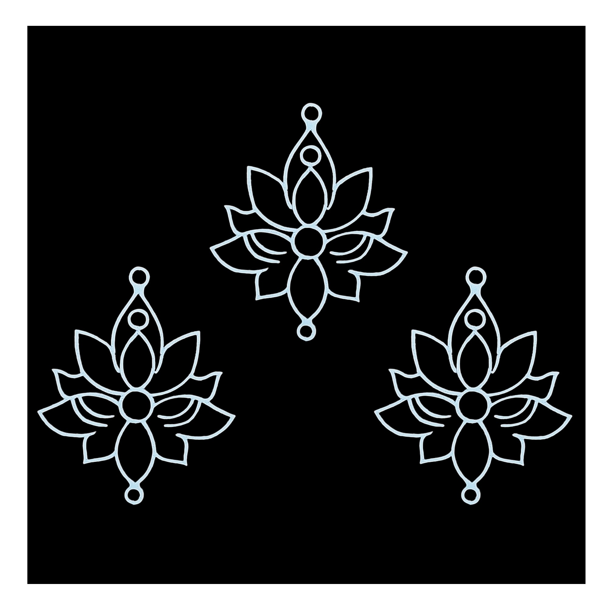 White outline lotus floral designer bindi with layered petal patterns and circular accents on black background, elegant stick-on accessory for festive and ethnic wear.