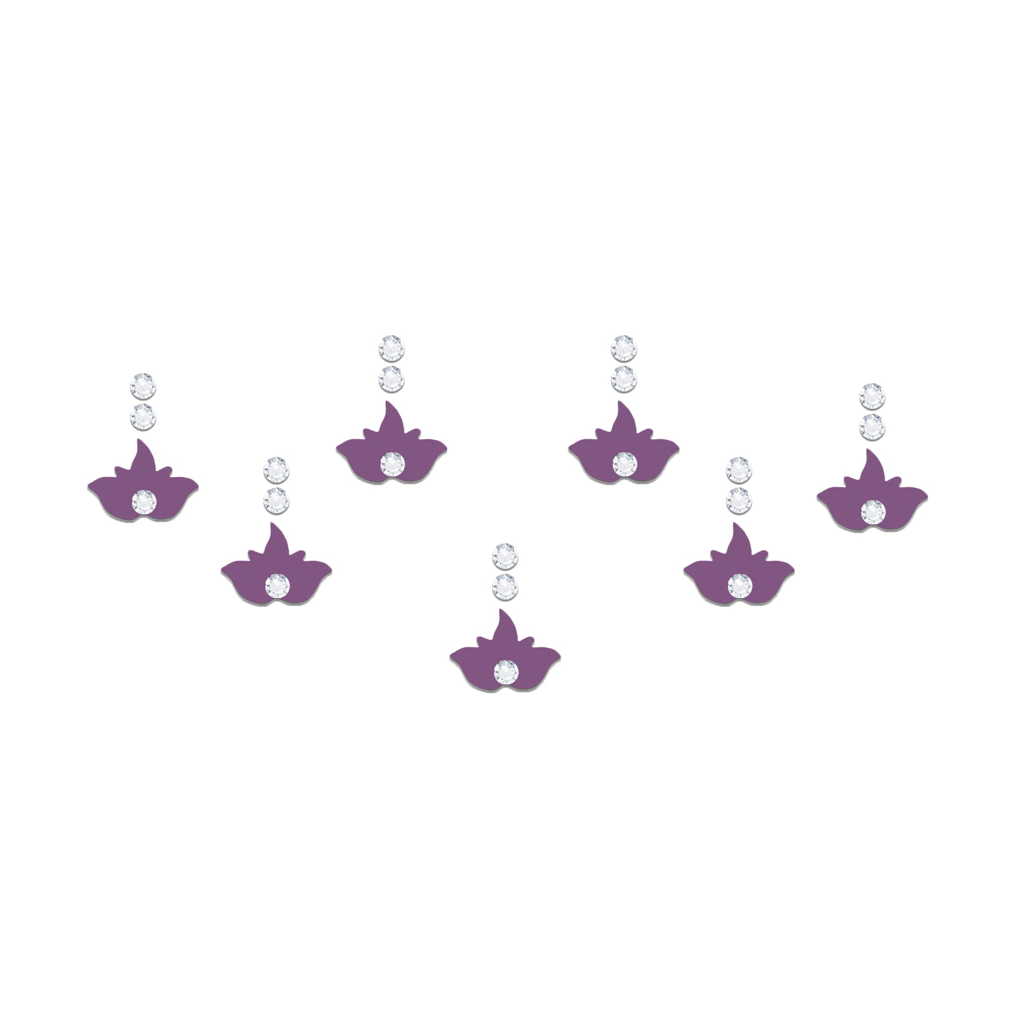 Comet Busters lotus designer bindis featuring elegant purple lotus-inspired motifs with sparkling white crystal stones, perfect for festive celebrations, traditional Indian attire, ethnic fashion styling, devotional looks, and graceful everyday wear.