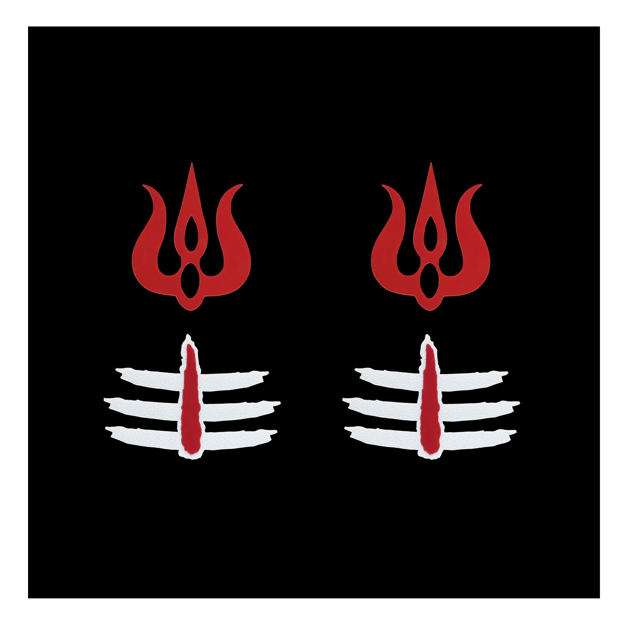 Comet Busters Mahakal Tripund Tilak Bindi in red and white applied on forehead with Trishul design