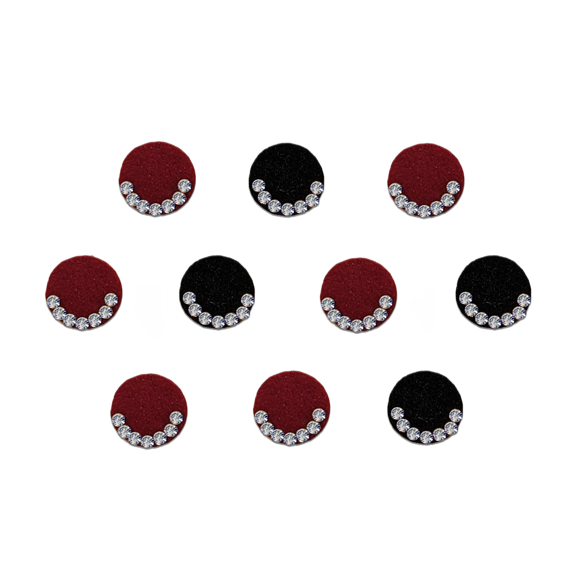 Comet Busters colorful velvet dot bindis with elegant crystal stone detailing.