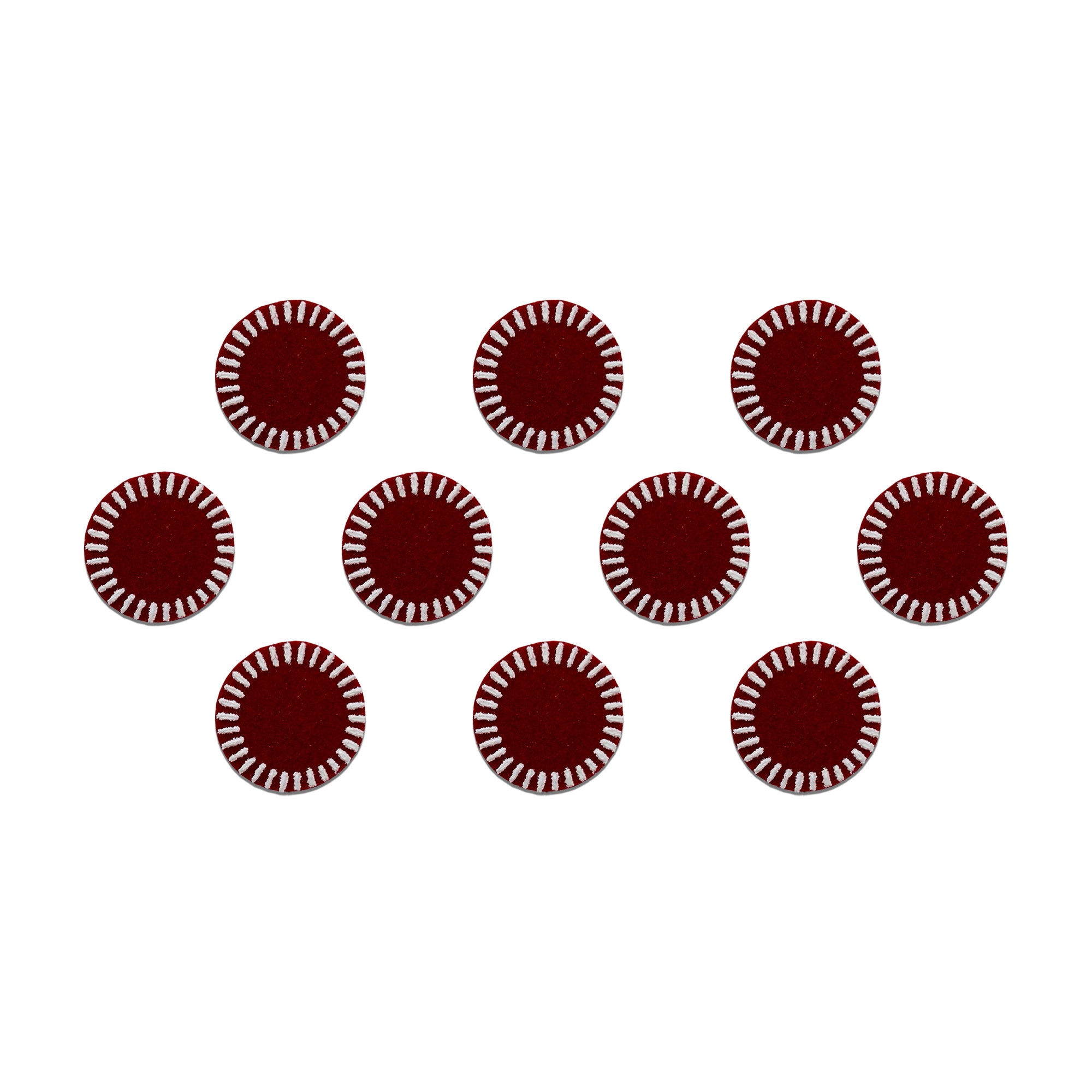 Comet Busters Maroon Stitched Border Round Velvet Bindi featuring a rich maroon velvet center with a white stitched-style circular border. Self-adhesive, reusable round bindi for women and girls, perfect for daily wear, festivals, pooja, weddings, and traditional ethnic outfits.