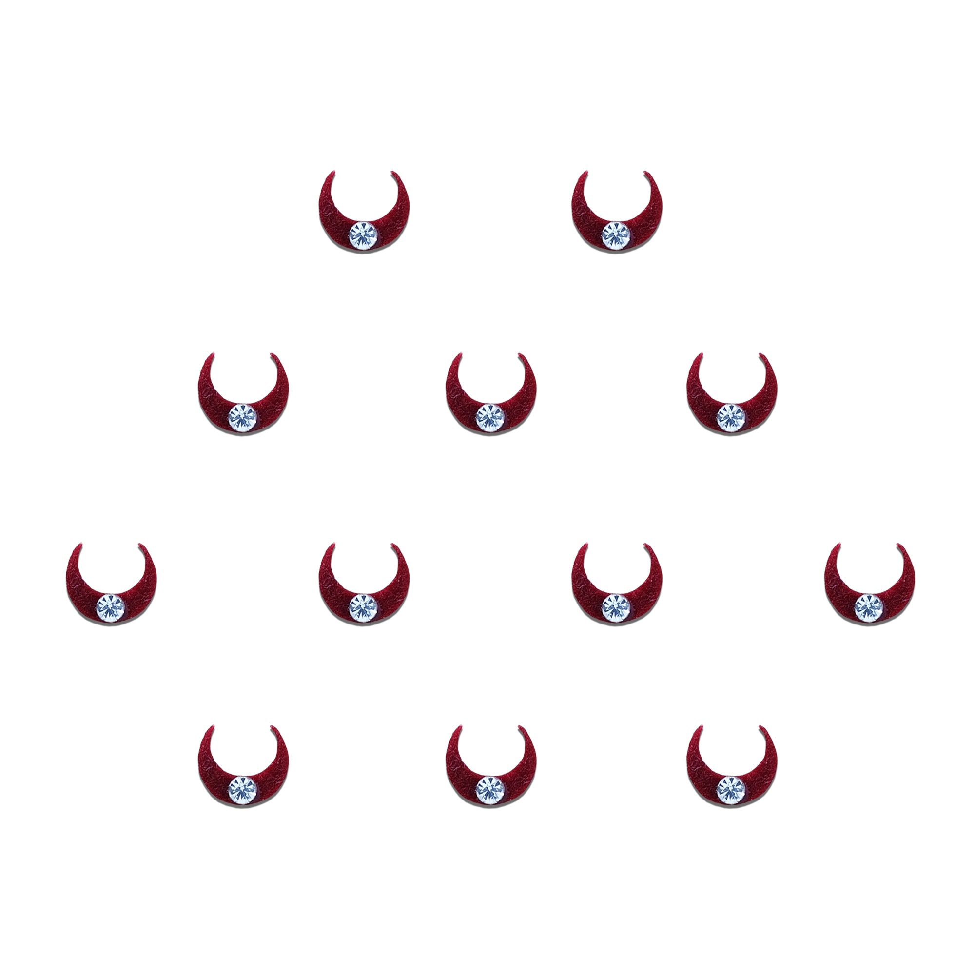 Comet Busters maroon crescent moon bindi featuring a deep maroon moon-shaped design with a sparkling clear crystal accent. Premium self-adhesive designer bindi for women and girls, perfect for weddings, festivals, Navratri, Diwali, Karwa Chauth, temple visits, spiritual styling, parties, and traditional ethnic wear.