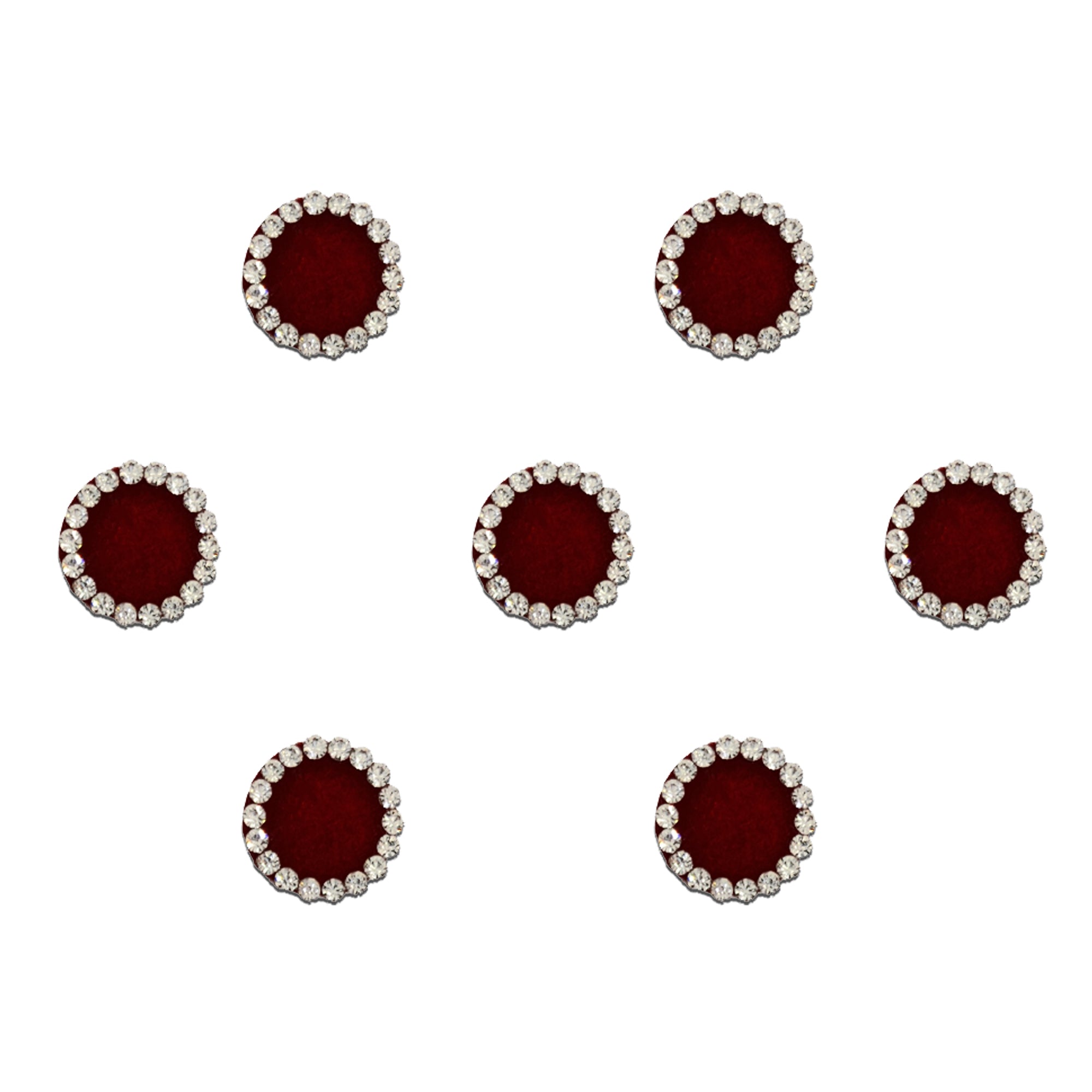 Comet Busters Maroon round bindis featuring sparkling crystal stone borders in an elegant premium designer style for festive, bridal, and ethnic wear.