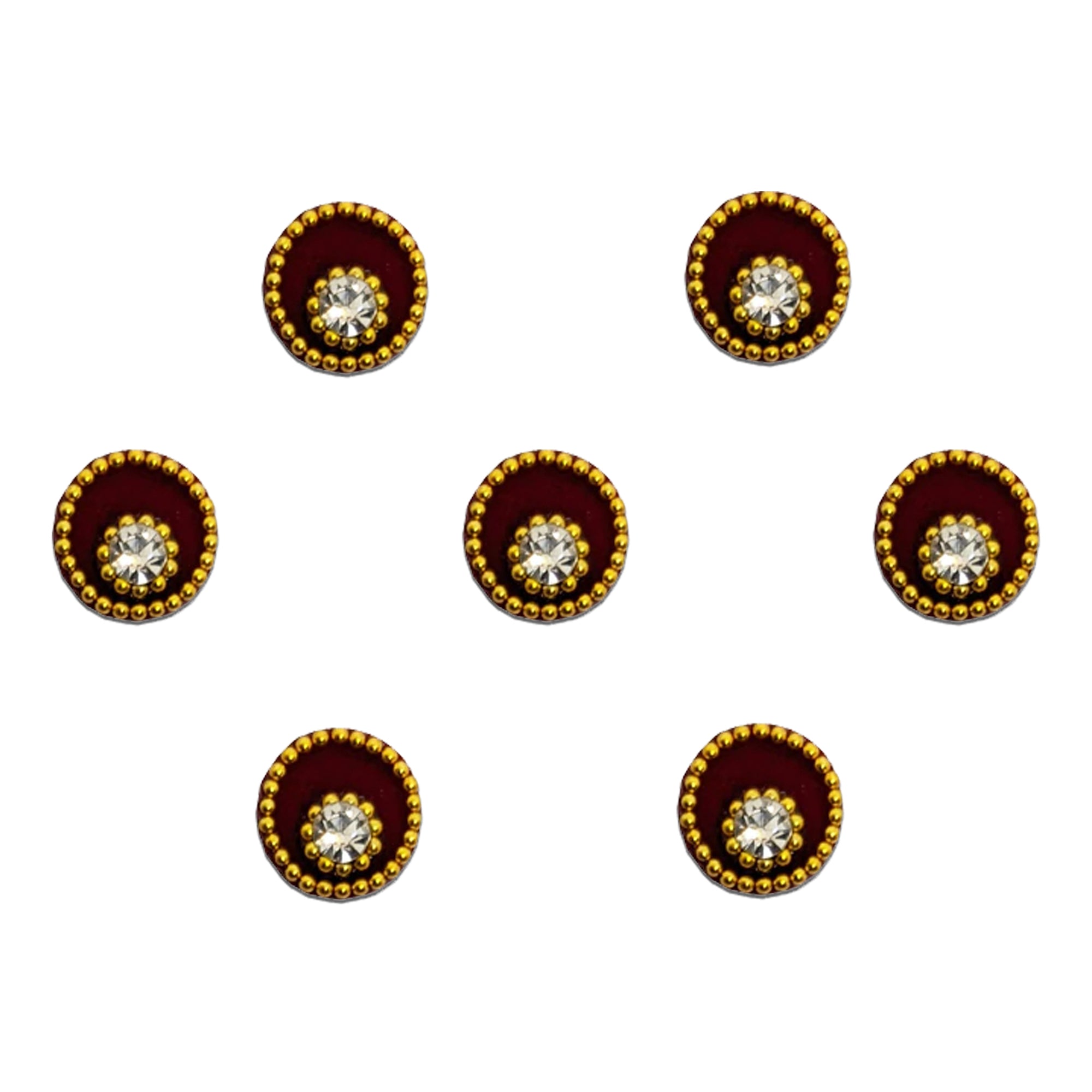 Comet Busters royal maroon velvet bindis with dazzling solitaire crystal centerpiece and handcrafted golden dotted border, luxurious ethnic forehead stickers for women and girls.