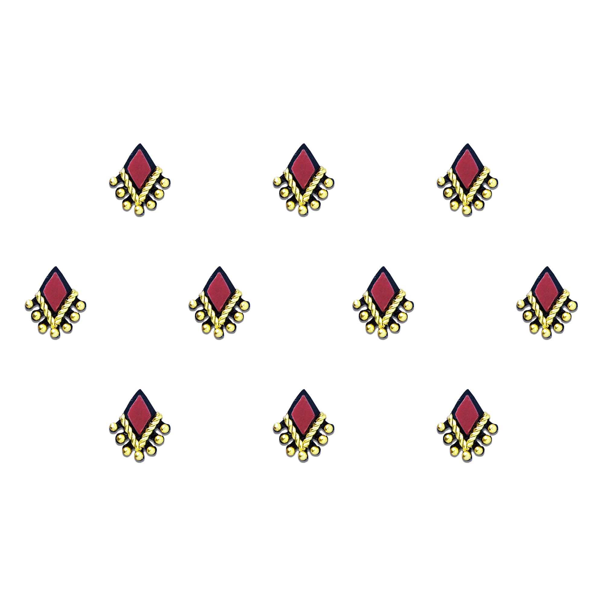 Maroon Diamond Stone Designer Bindi by Comet Busters featuring a maroon diamond-shaped center accented with golden beads and decorative metallic detailing. Reusable self-adhesive designer bindi for women and girls, perfect for festive occasions, weddings, traditional attire, ethnic wear, and cultural celebrations.