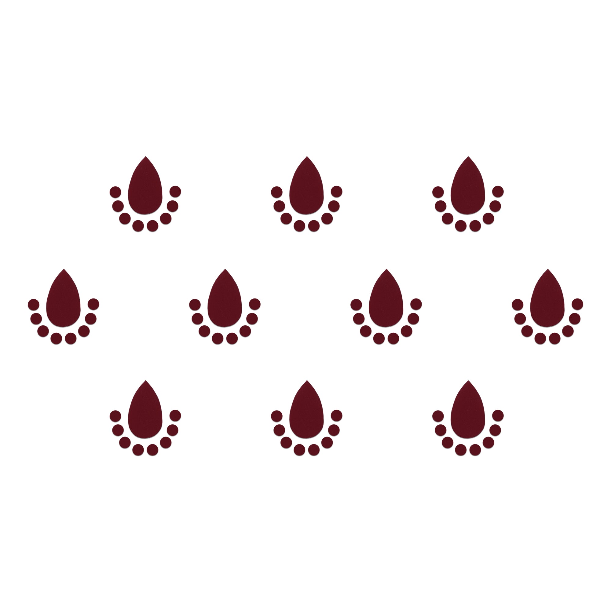 Comet Busters Drop Designer Velvet Bindi featuring elegant maroon teardrop-shaped velvet bindis with a semi-circular dotted halo design. Premium self-adhesive forehead bindis for women and girls, ideal for weddings, festivals, temple visits, classical dance, traditional ceremonies, and ethnic fashion.
