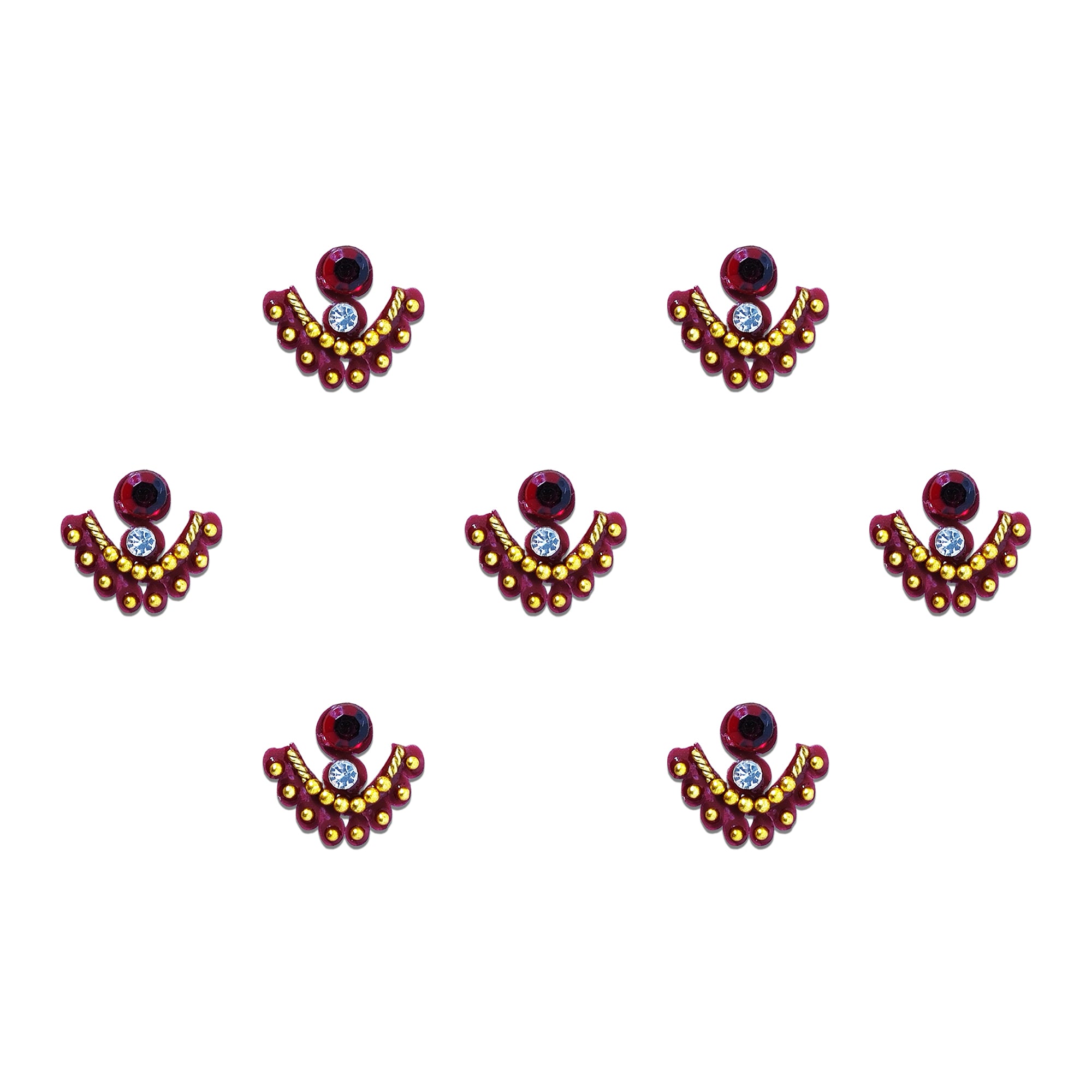Comet Busters Maroon Fan Shape Designer Bindis with Gold Bead Embellishments, Central Crystal Stone and Decorative Maroon Gem Accent, Traditional Bindi Set for Women & Girls, Ethnic and Festive Wear Forehead Stickers
