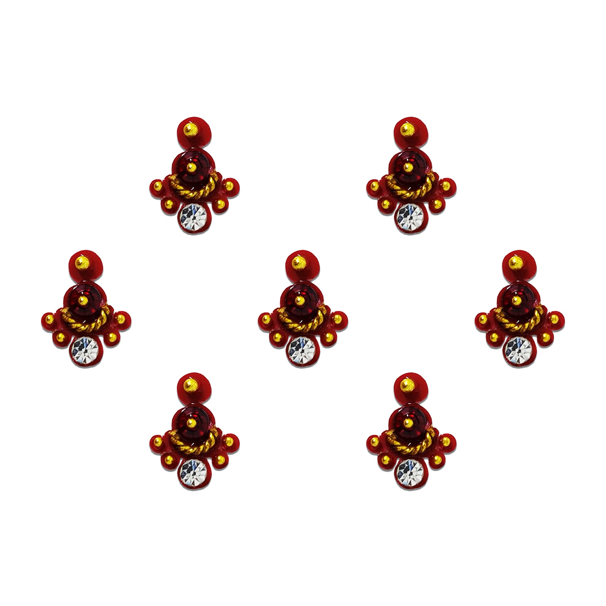 Comet Busters maroon floral-pattern bindis featuring layered circular detailing, gold bead accents, decorative rope work and sparkling crystal drops, ideal for bridal wear, festive celebrations, cultural occasions and traditional ethnic outfits.