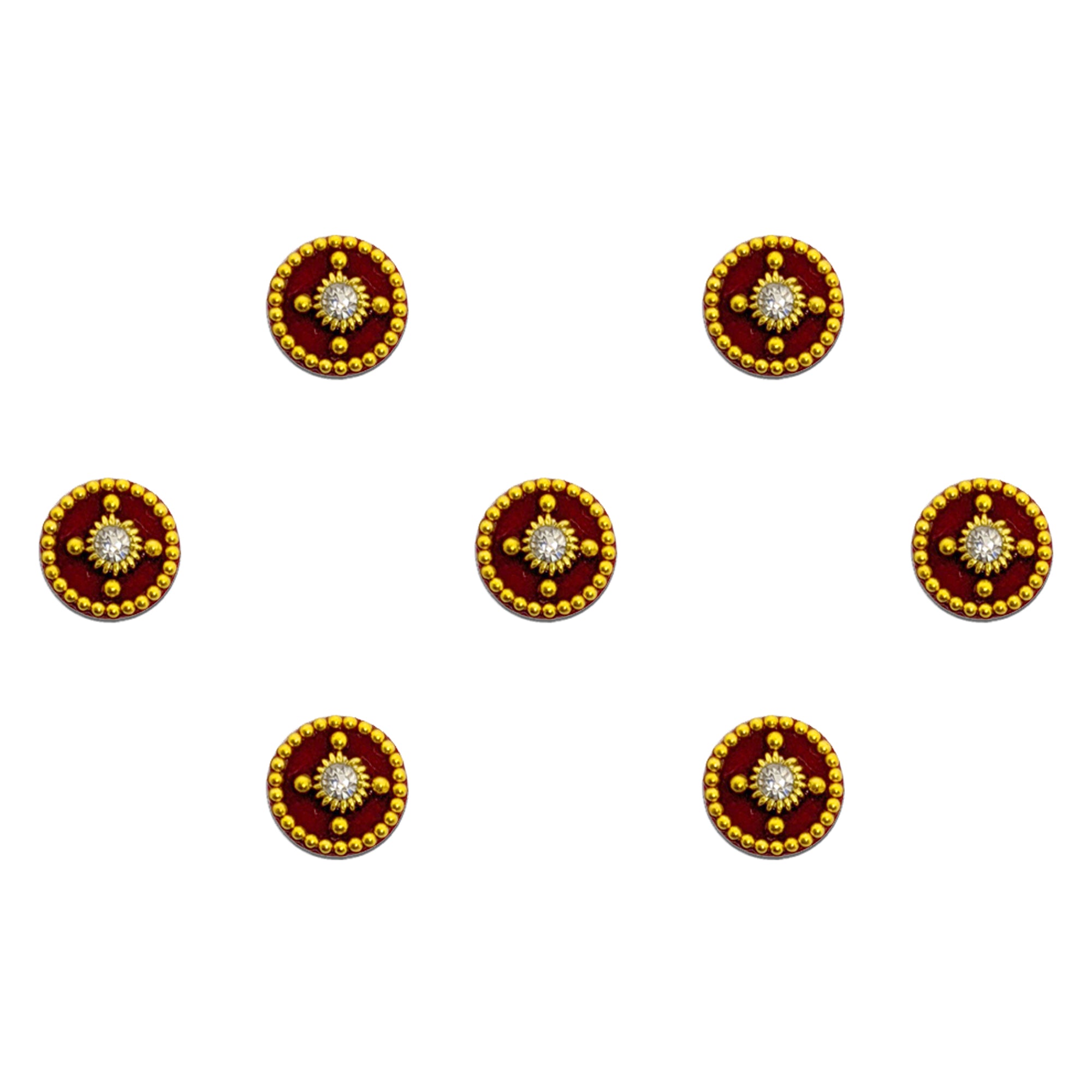 Comet Busters maroon round velvet bindis with floral golden bead pattern and sparkling crystal center, elegant traditional Indian forehead sticker bindis for festive and ethnic wear.