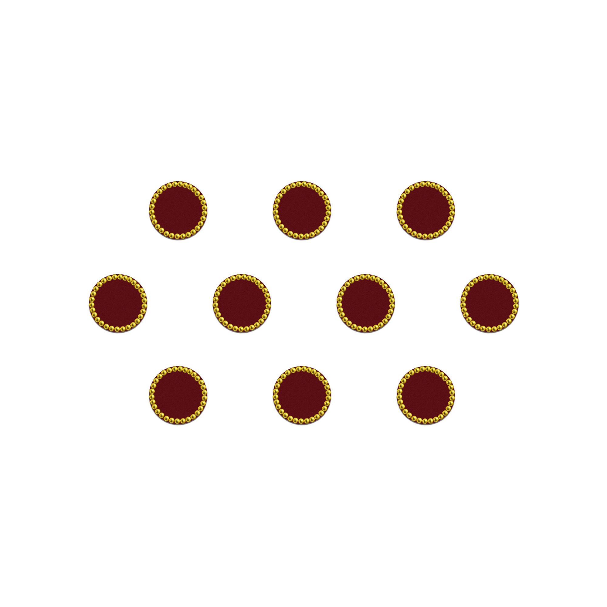 Comet Busters Maroon Gold Beaded Round Designer Bindi sheet featuring reusable maroon round bindis with an elegant gold beaded border. Premium self-adhesive forehead stickers for women and girls, ideal for weddings, festivals, traditional wear, temple visits, cultural events, and everyday ethnic styling.