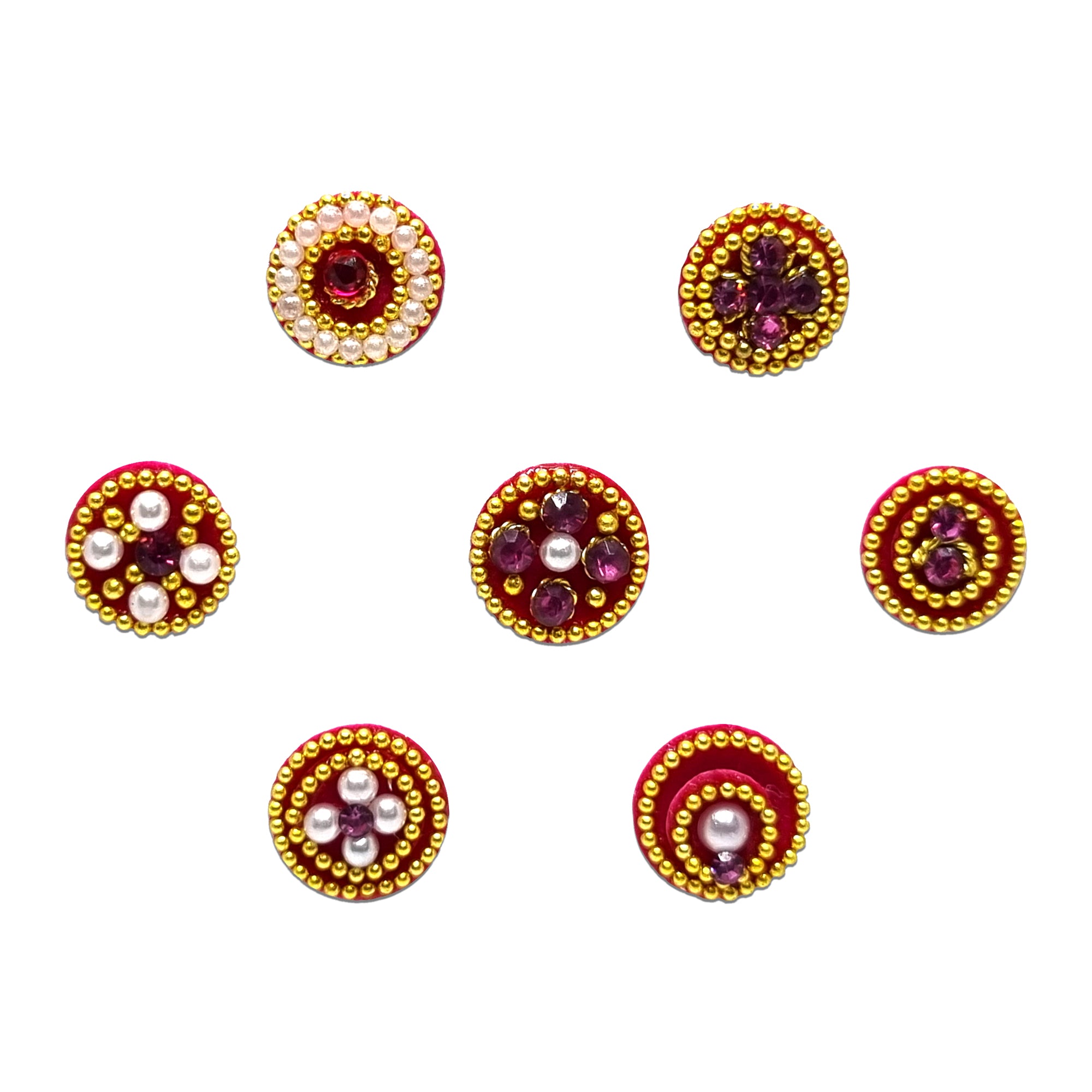 Comet Busters maroon and gold designer round bindis with pearls, crystal stones, and handcrafted beadwork, traditional forehead stickers for women featuring floral and circular motifs, perfect for weddings, festivals, Navratri, puja ceremonies, cultural events, and ethnic Indian outfits.