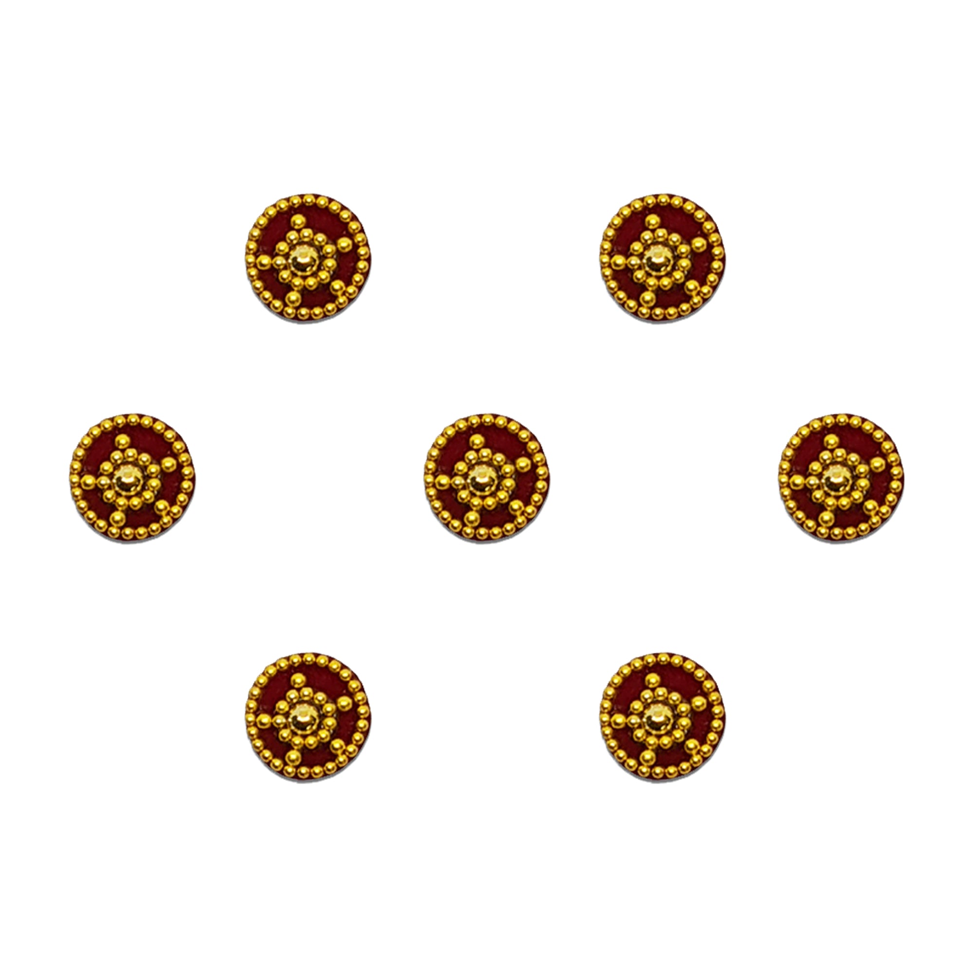 Comet Busters maroon round bindi featuring a central crystal stone surrounded by golden bead detailing and an accent crystal drop, offering a traditional festive look for weddings, cultural occasions, and ethnic wear.