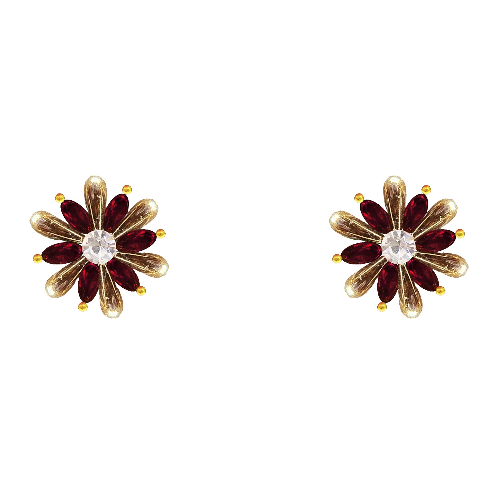 Comet Busters Maroon and Golden Floral Ear Stud with Sparkling Crystal Center and Elegant Petal Design for Women and Girls