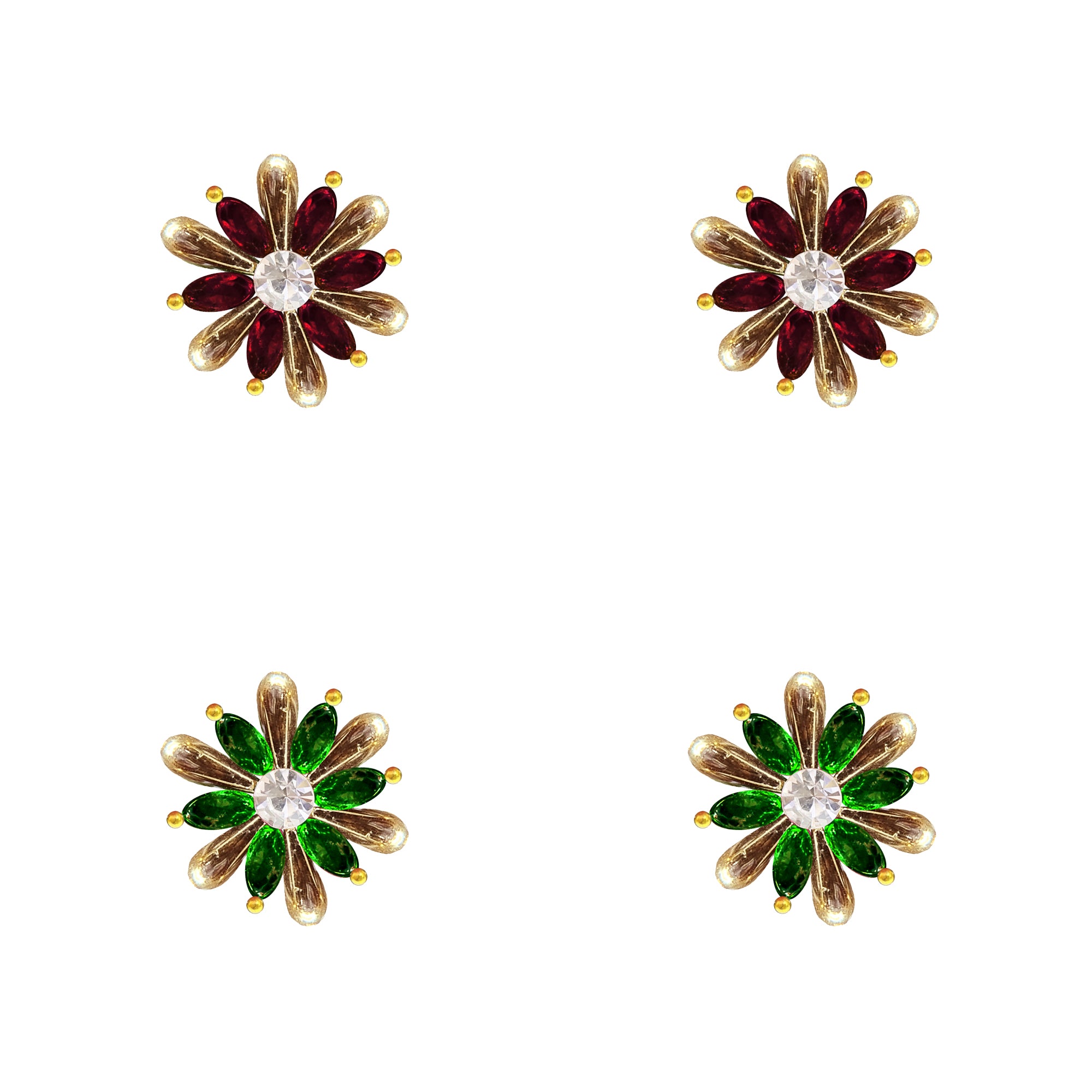 Comet Busters Maroon and Green Floral Ear Stud Set with Golden Petals and Sparkling Crystal Centers for Women and Girls